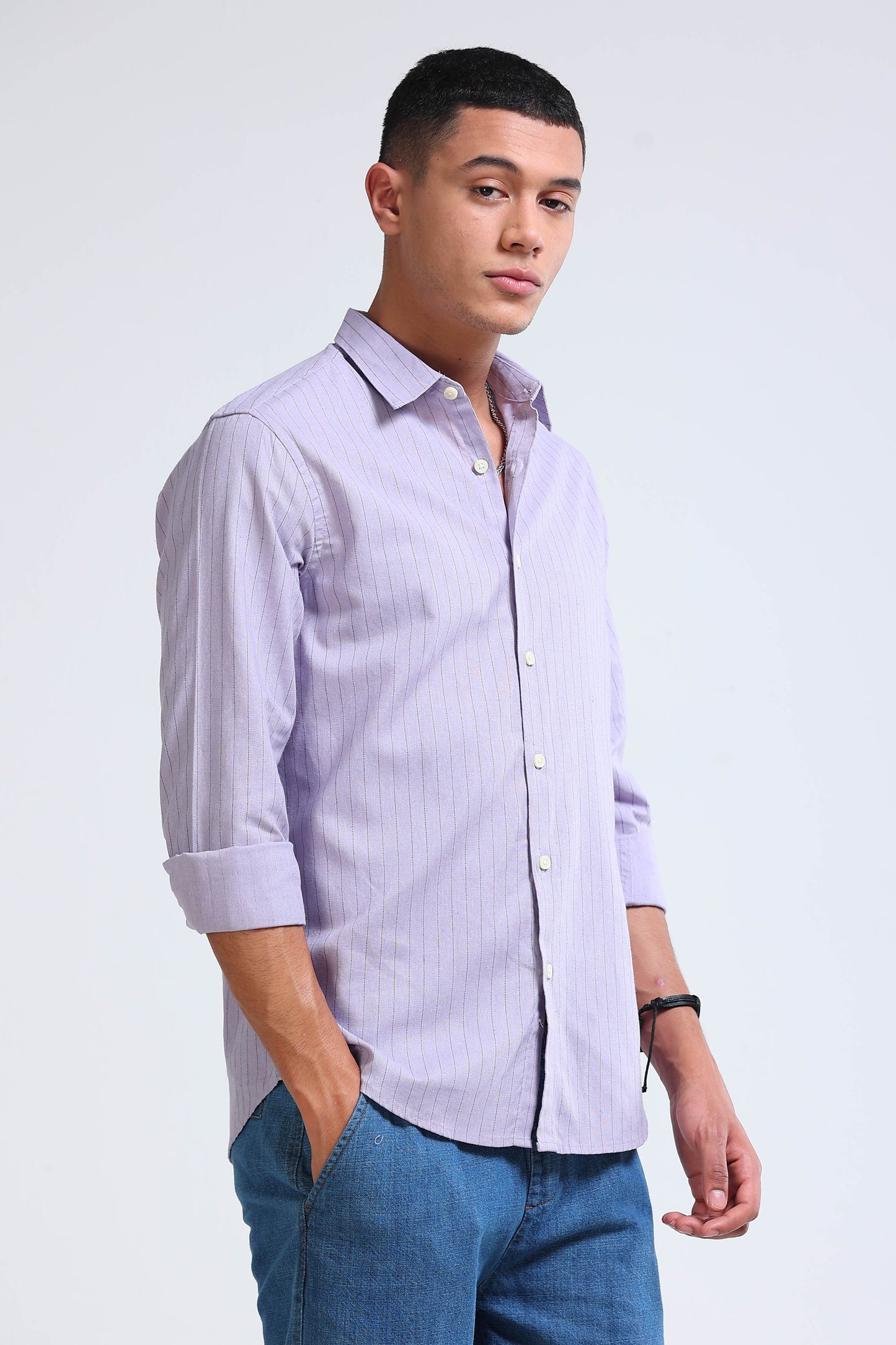 Men's Slim Fit Cotton Linen Striped Shirt Lavender