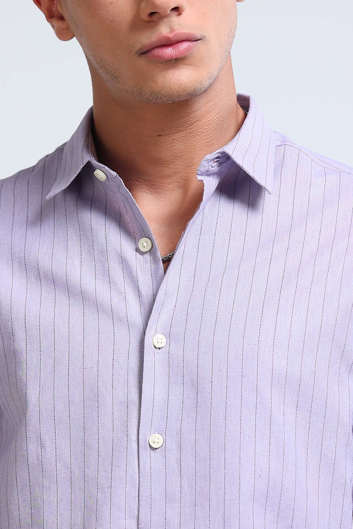 Men's Slim Fit Cotton Linen Striped Shirt Lavender