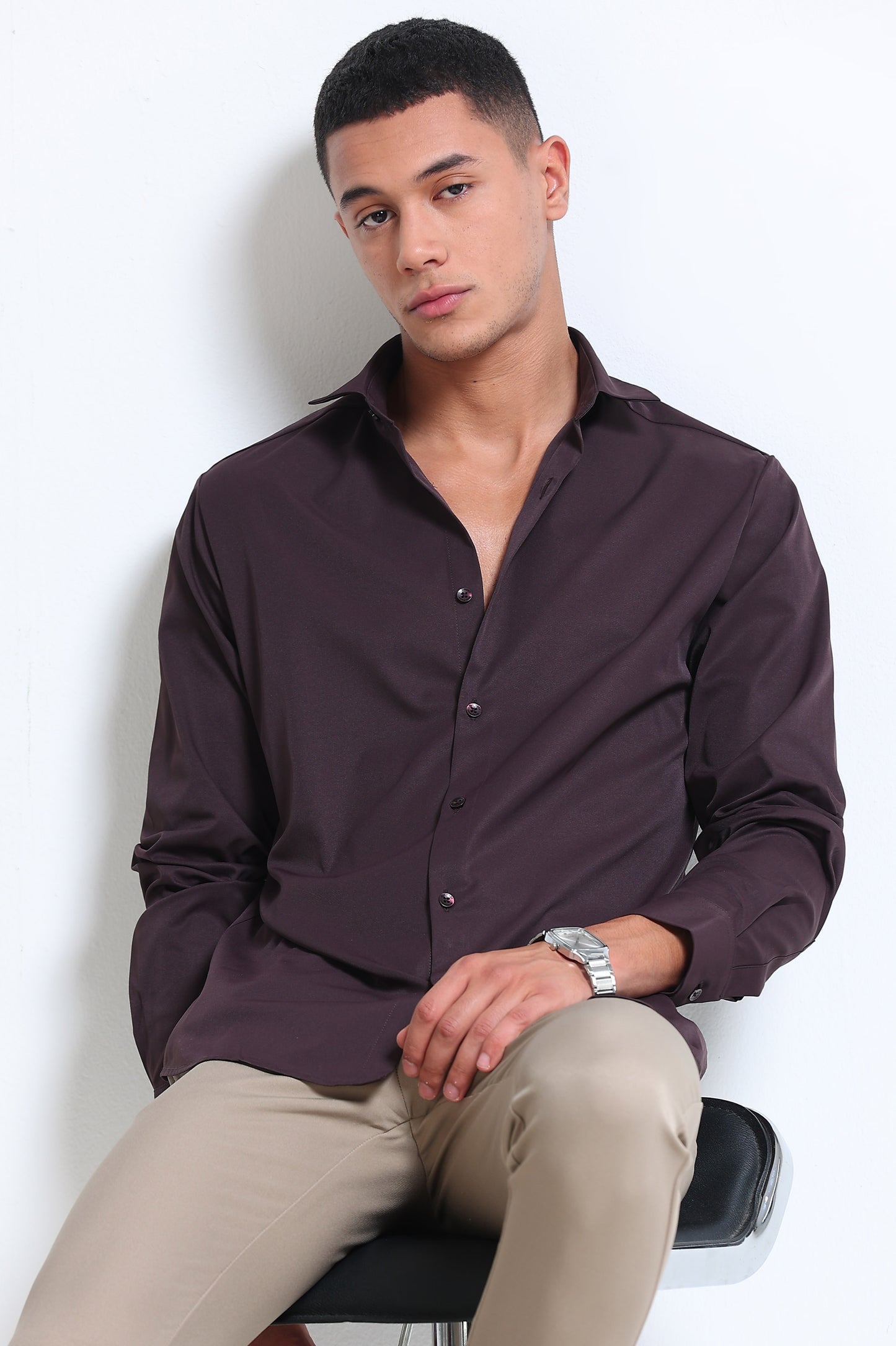 Men's Slim Fit Casual Solid Shirt Dk Brown