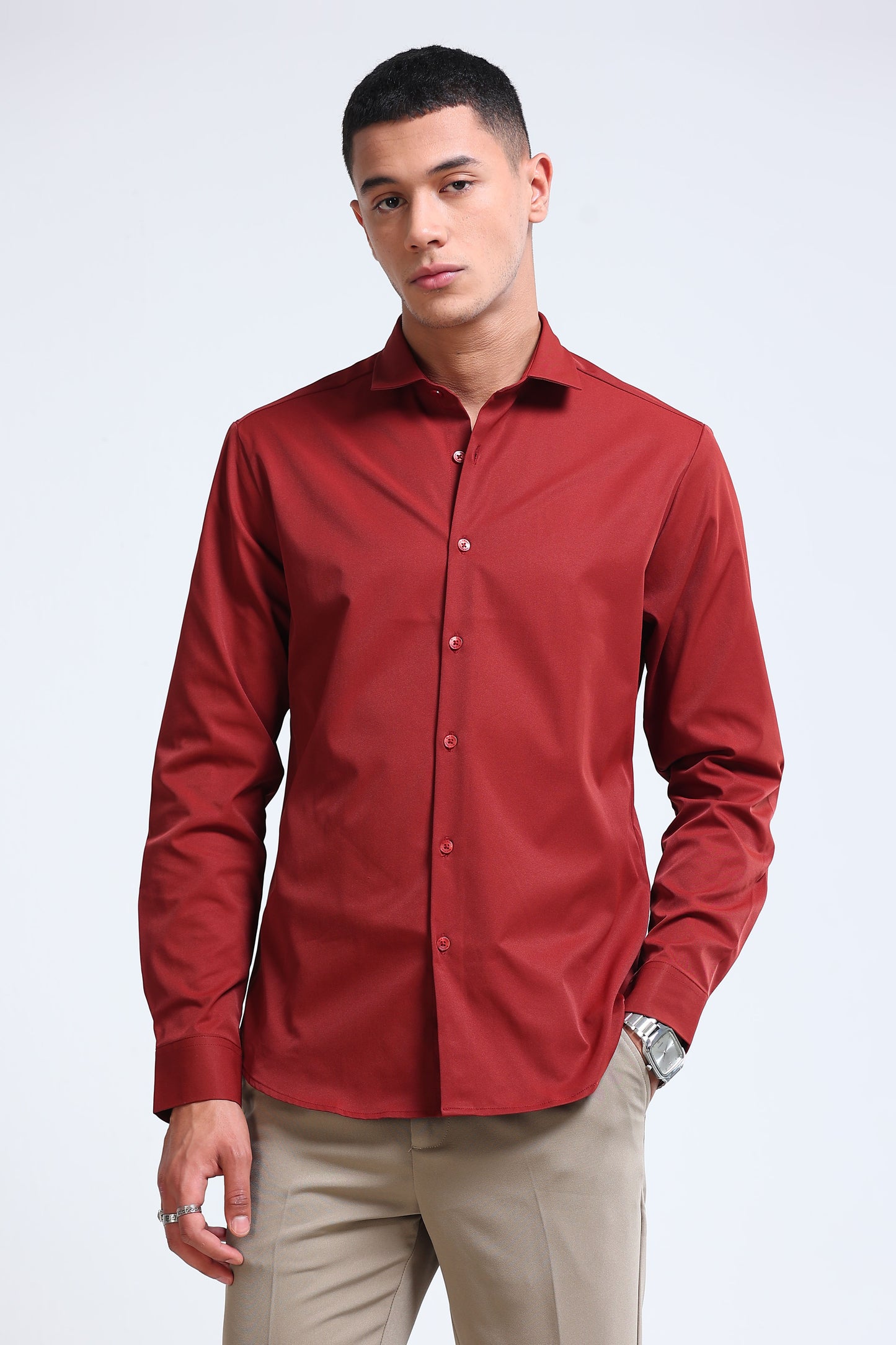 Men's Slim Fit Casual Solid Shirt Rust Brown