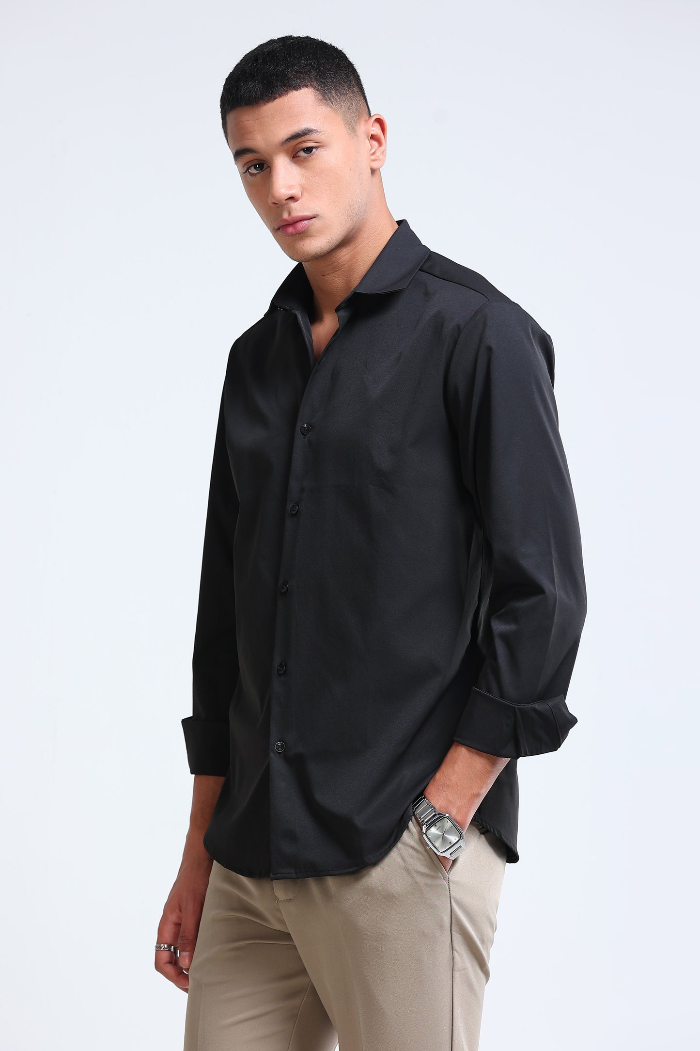 Men's Slim Fit Casual Solid Shirt Black