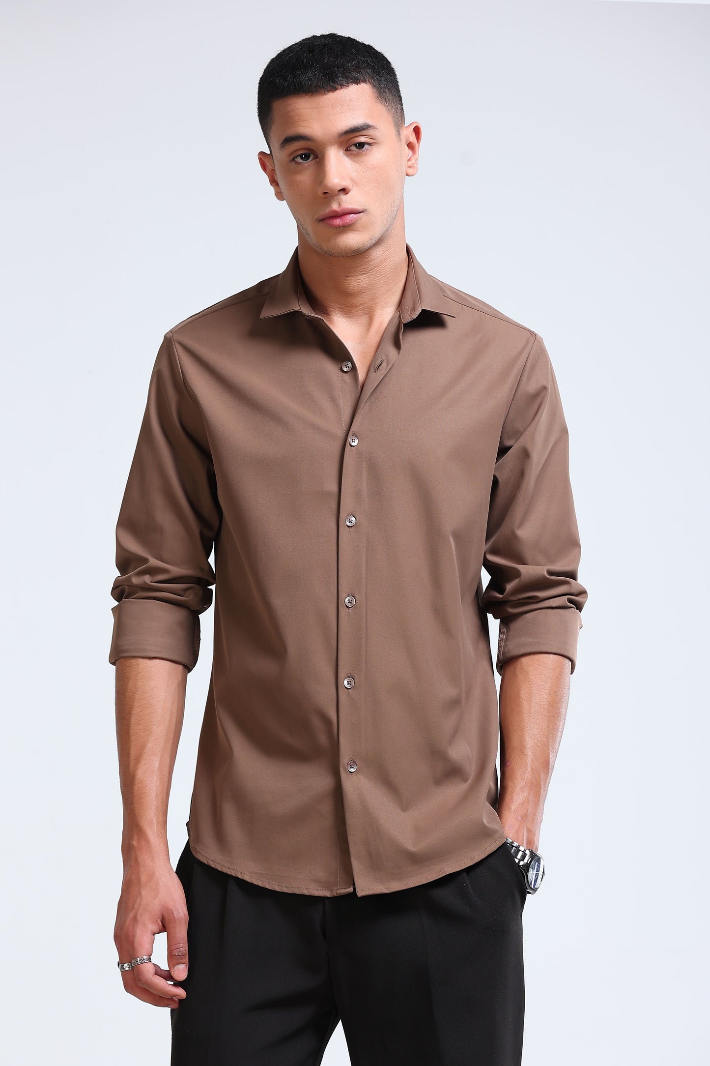 Men's Slim Fit Casual Solid Shirt Lt Brown