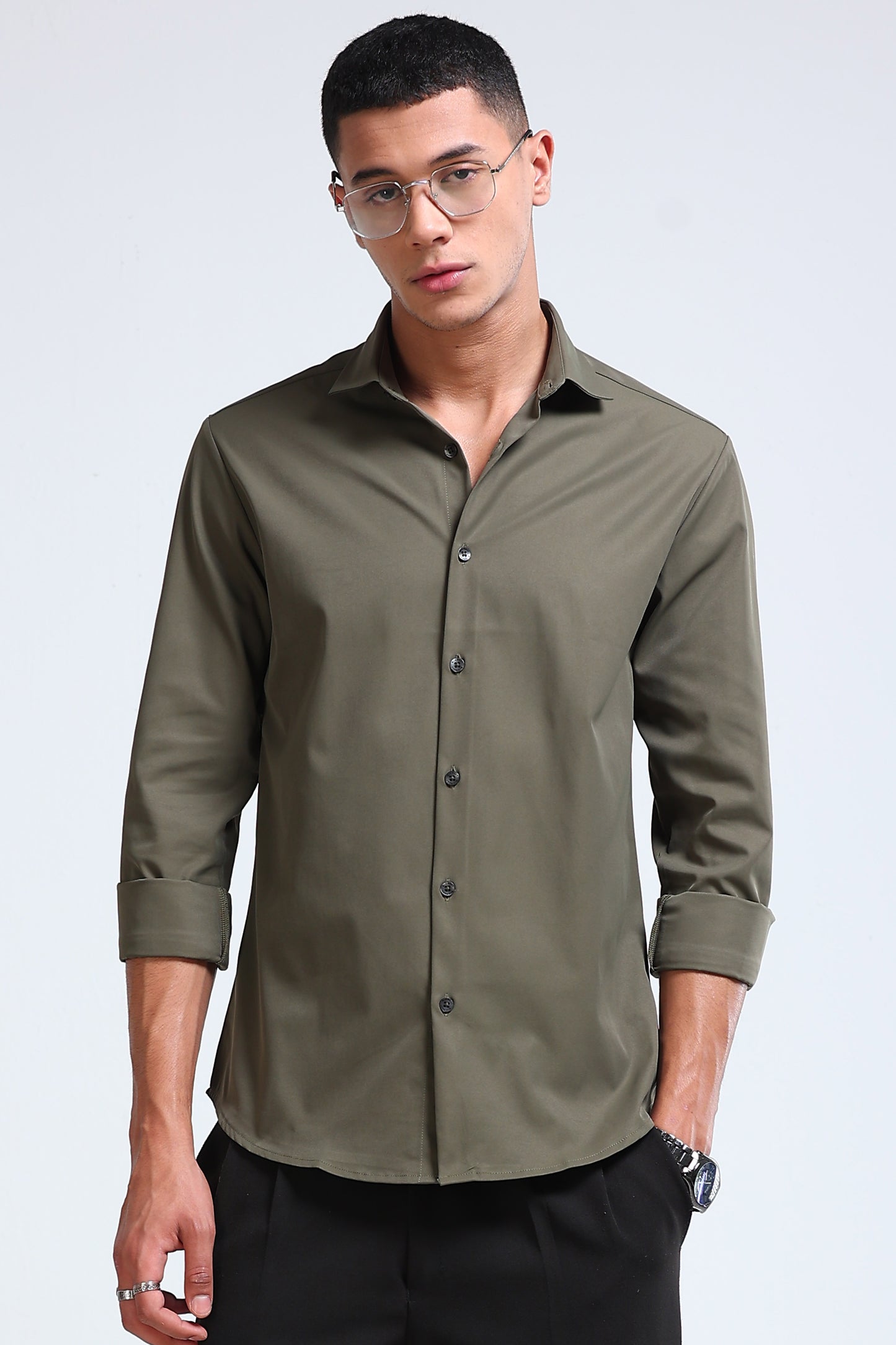 Men's Slim Fit Casual Solid Shirt Olive