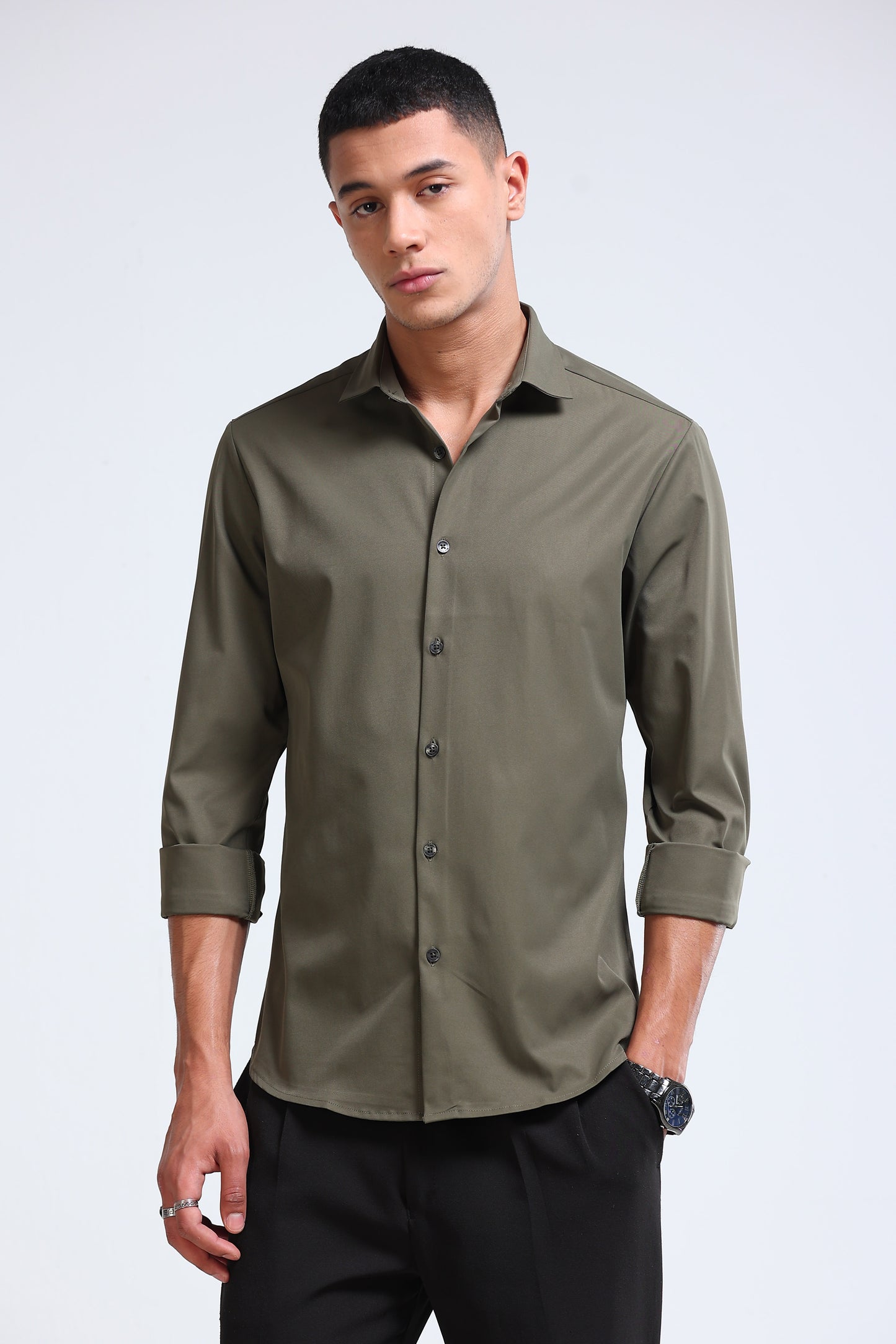 Men's Slim Fit Casual Solid Shirt Olive