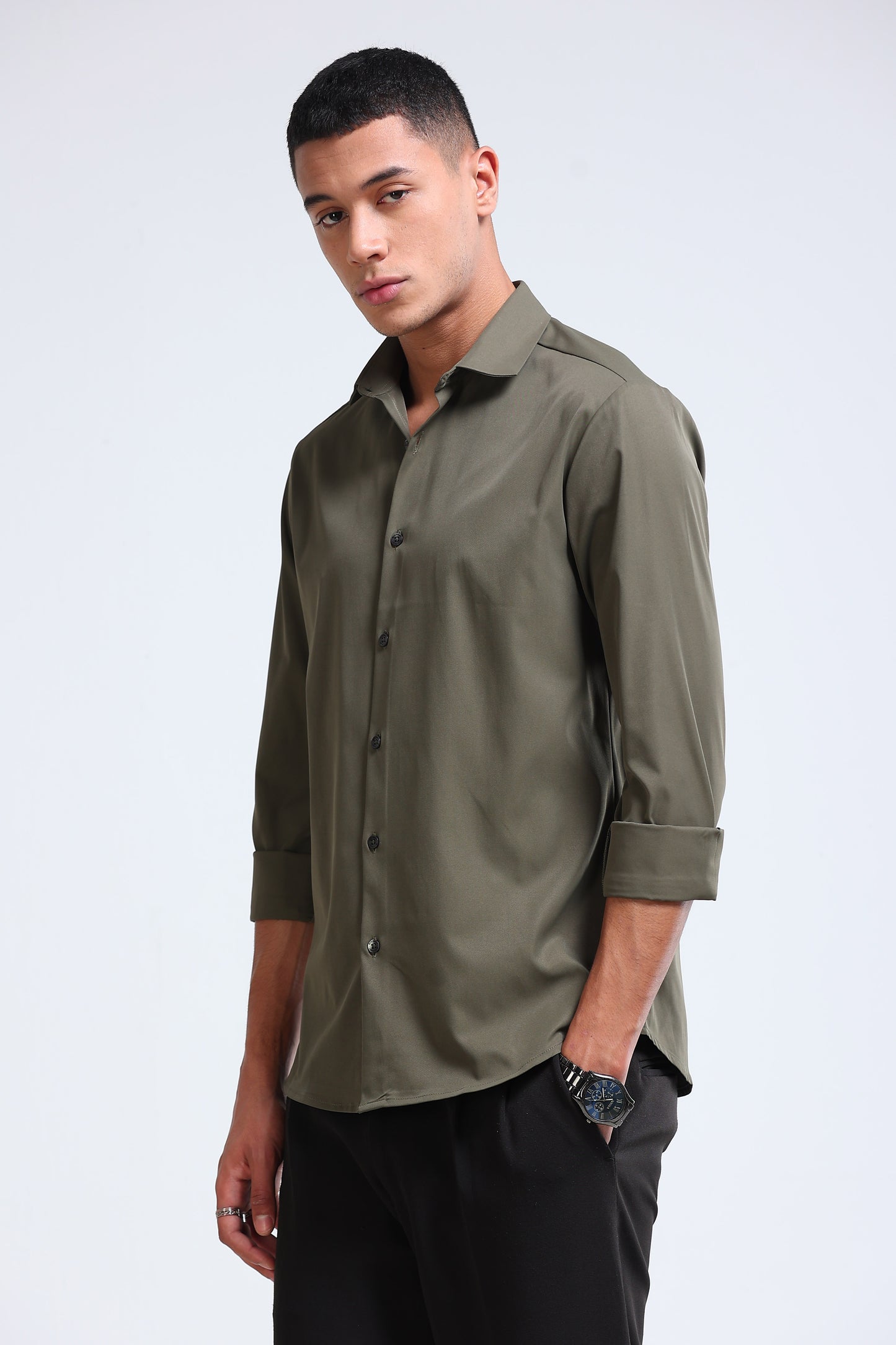 Men's Slim Fit Casual Solid Shirt Olive
