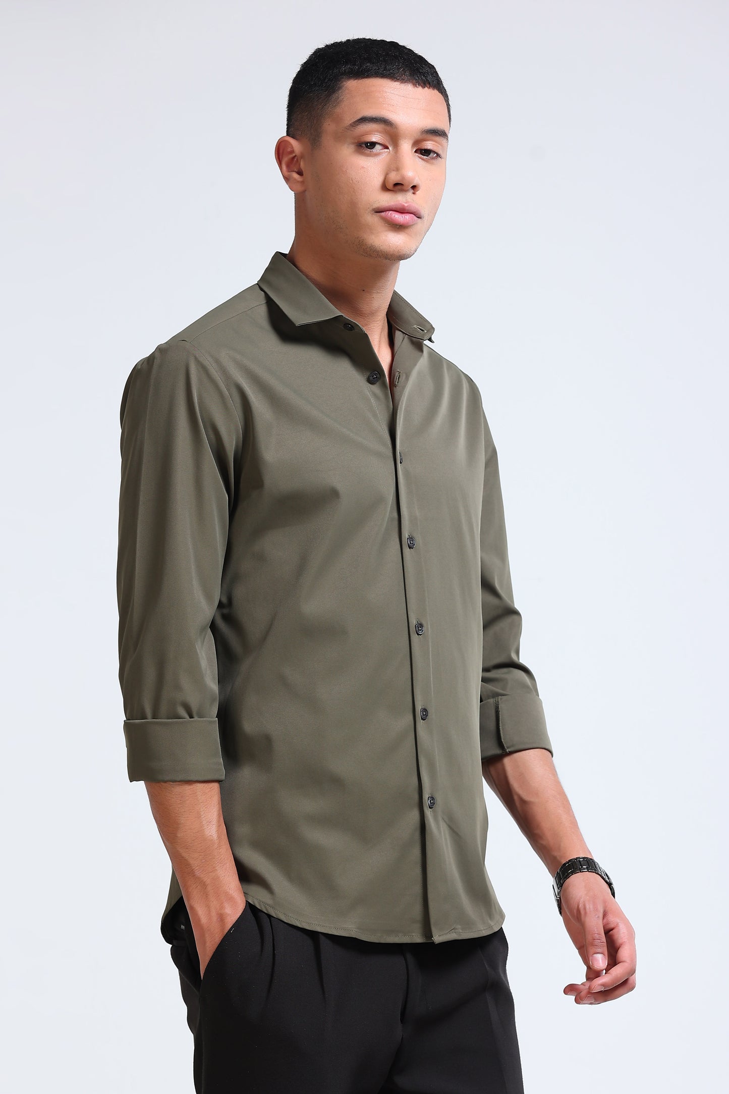 Men's Slim Fit Casual Solid Shirt Olive
