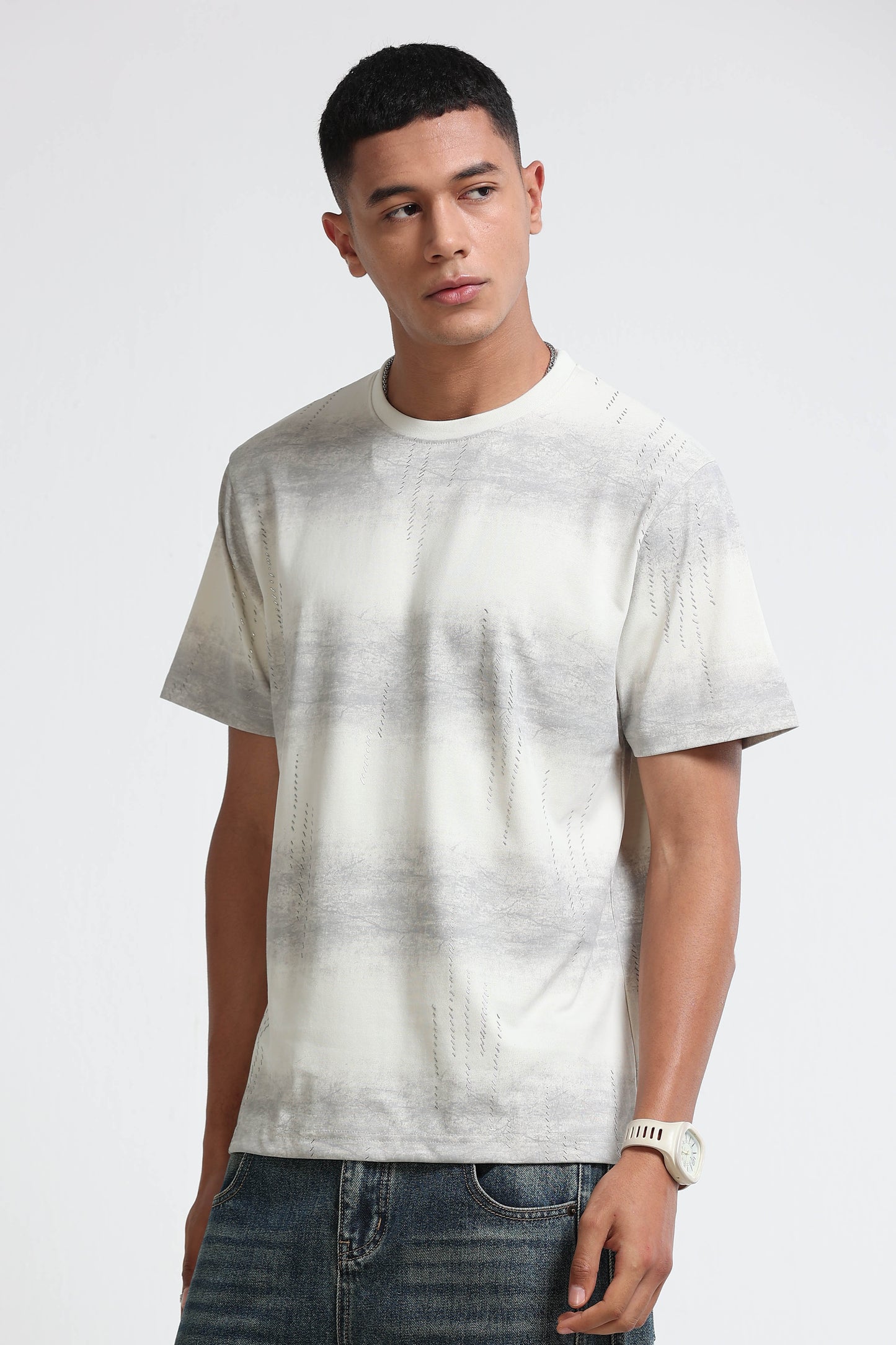 Minimal Textured Crew Neck Lt Grey T-Shirt