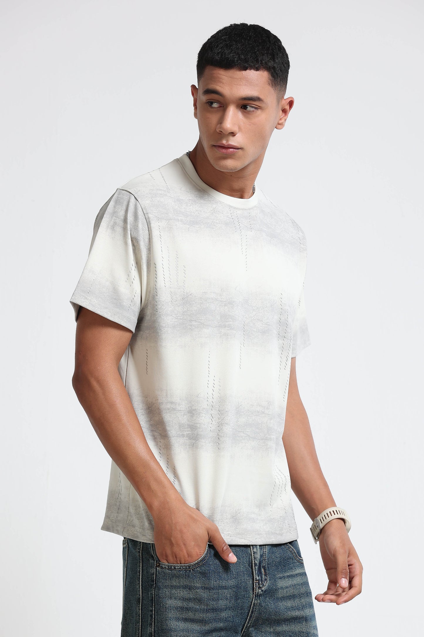 Minimal Textured Crew Neck Lt Grey T-Shirt