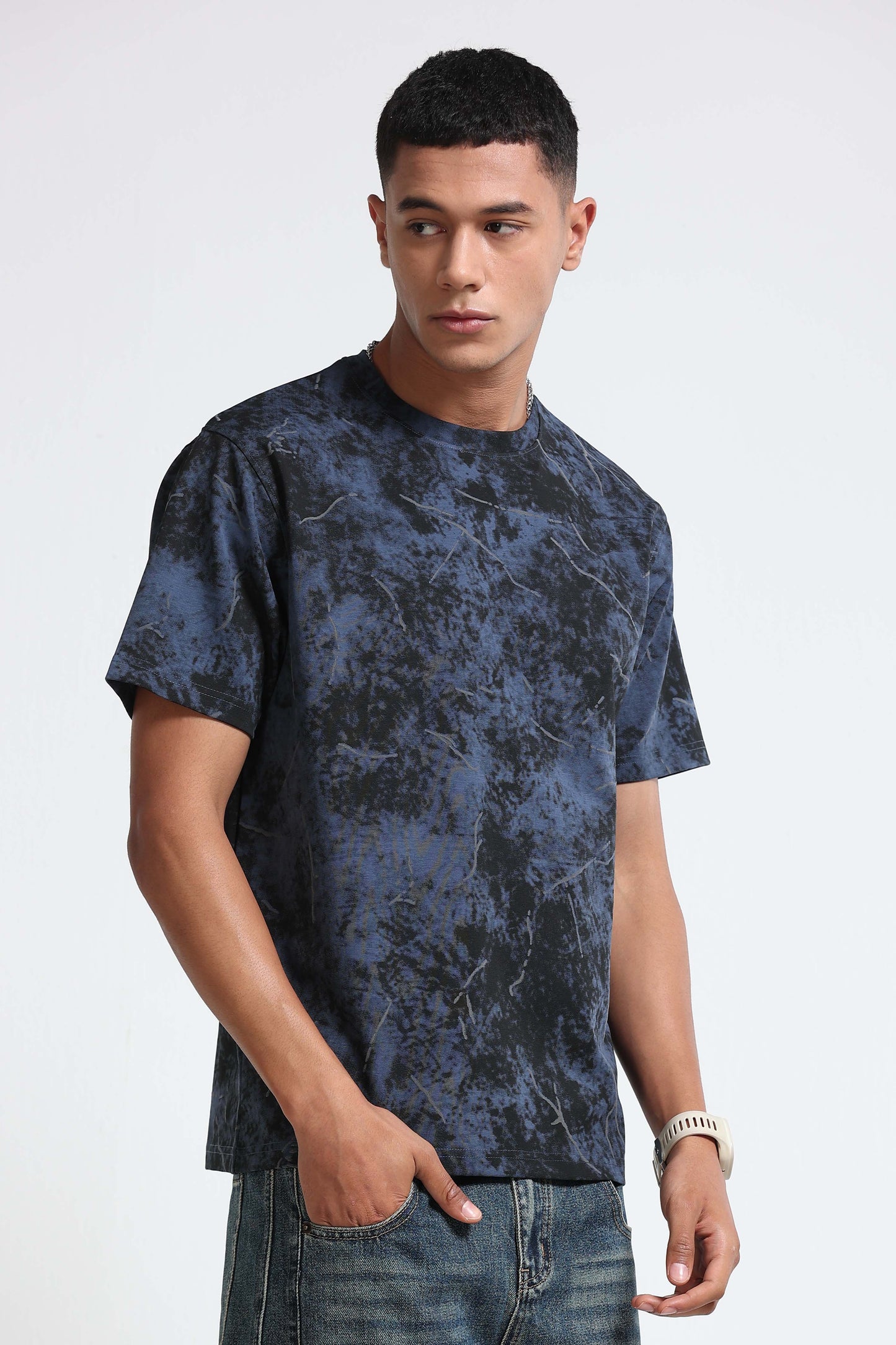 Premium Dark Blue Self Designed T-Shirt