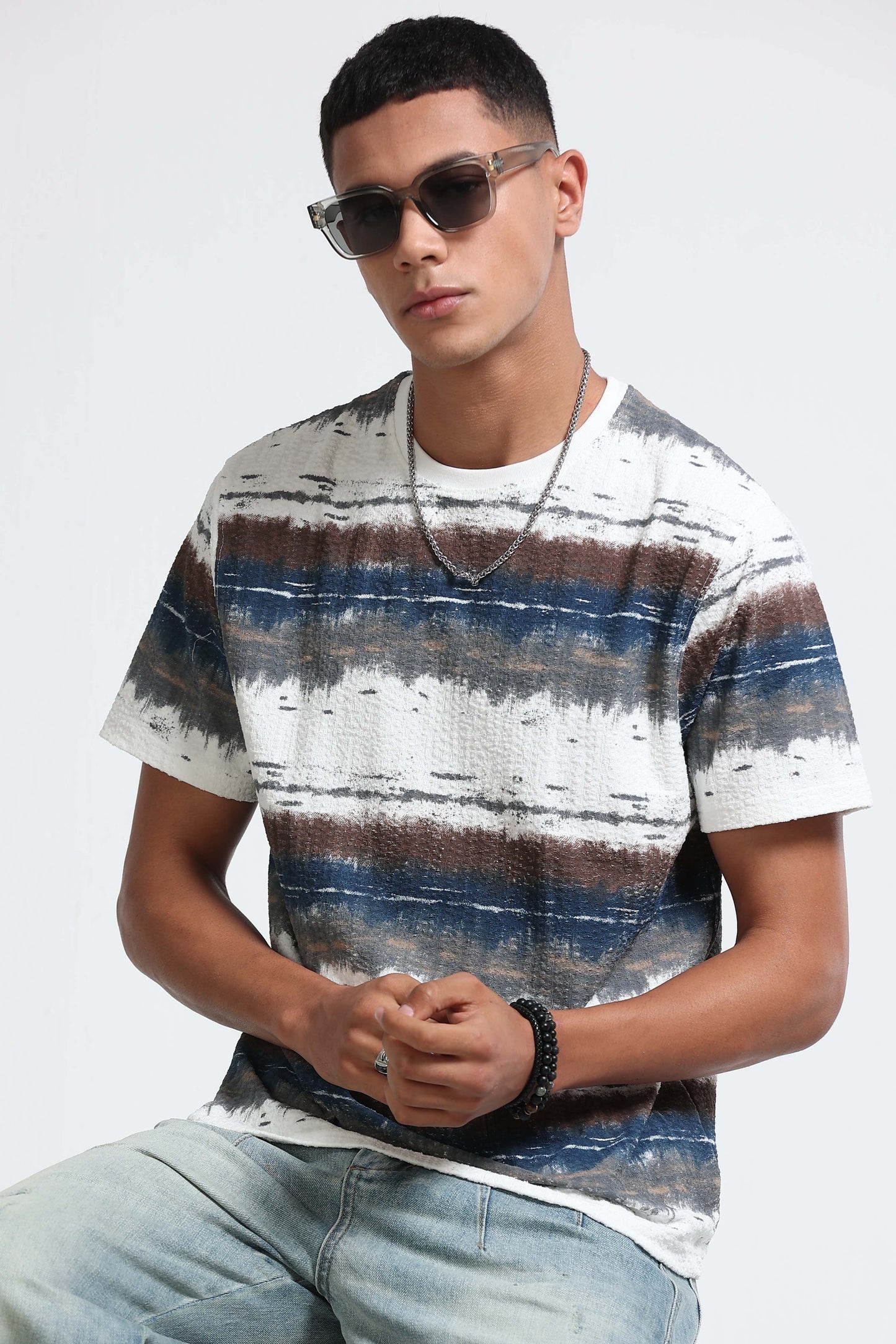 Brush Stroke Print Crew Neck White T-Shirt