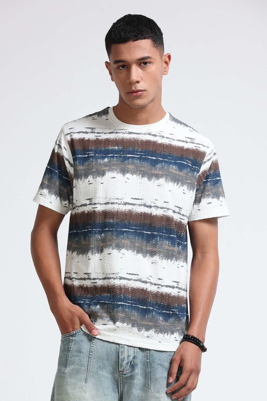 Brush Stroke Print Crew Neck White T-Shirt