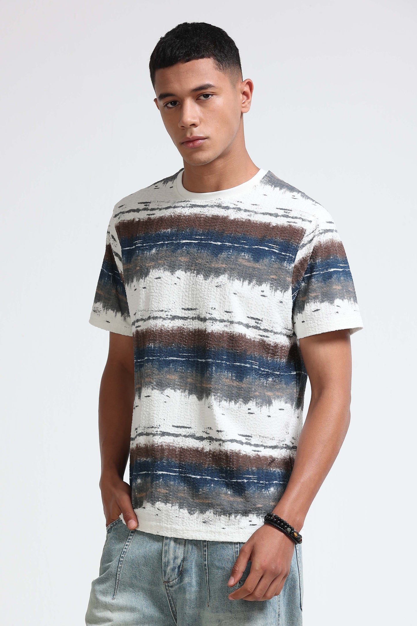 Brush Stroke Print Crew Neck White T-Shirt