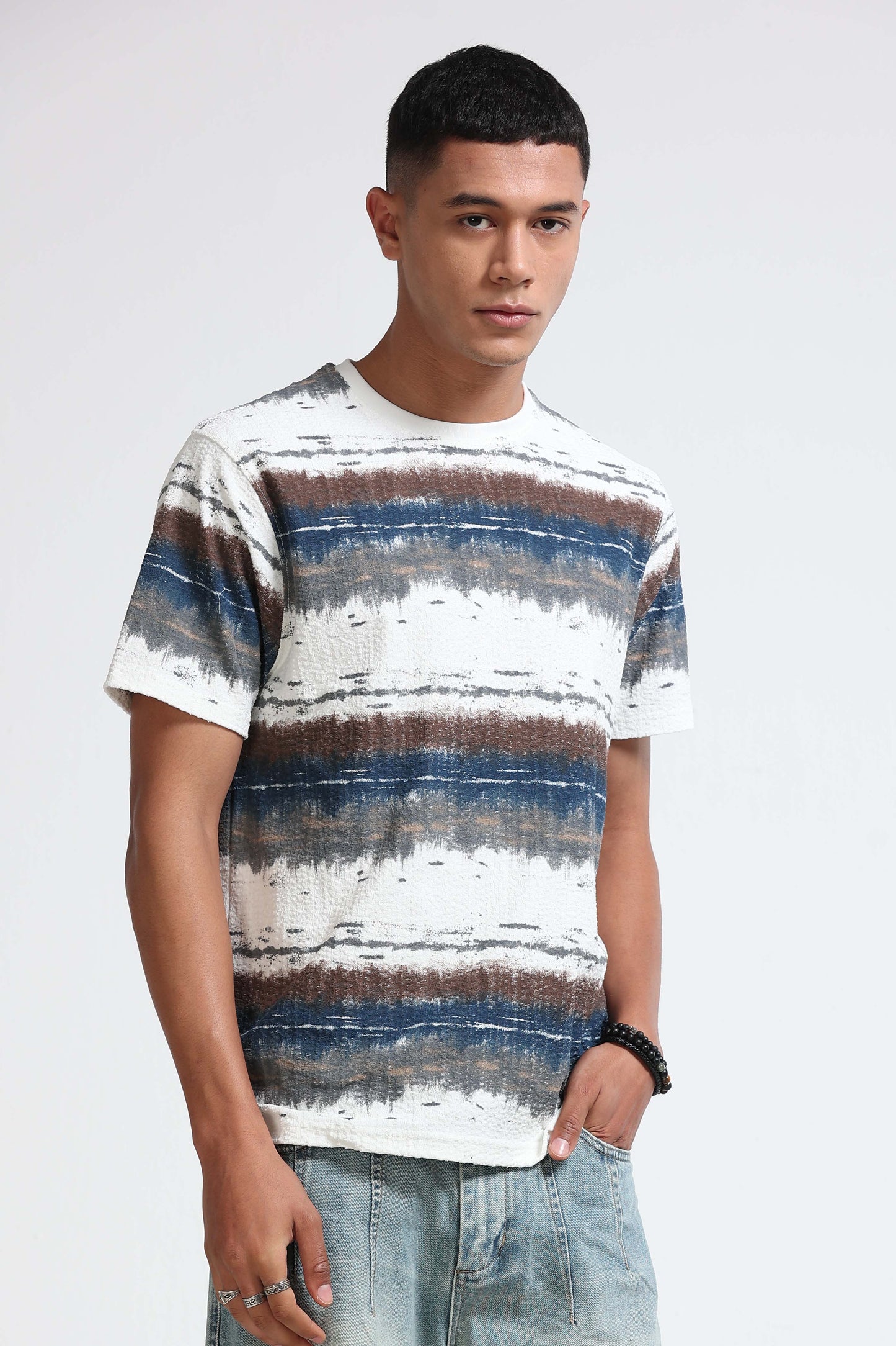 Brush Stroke Print Crew Neck White T-Shirt