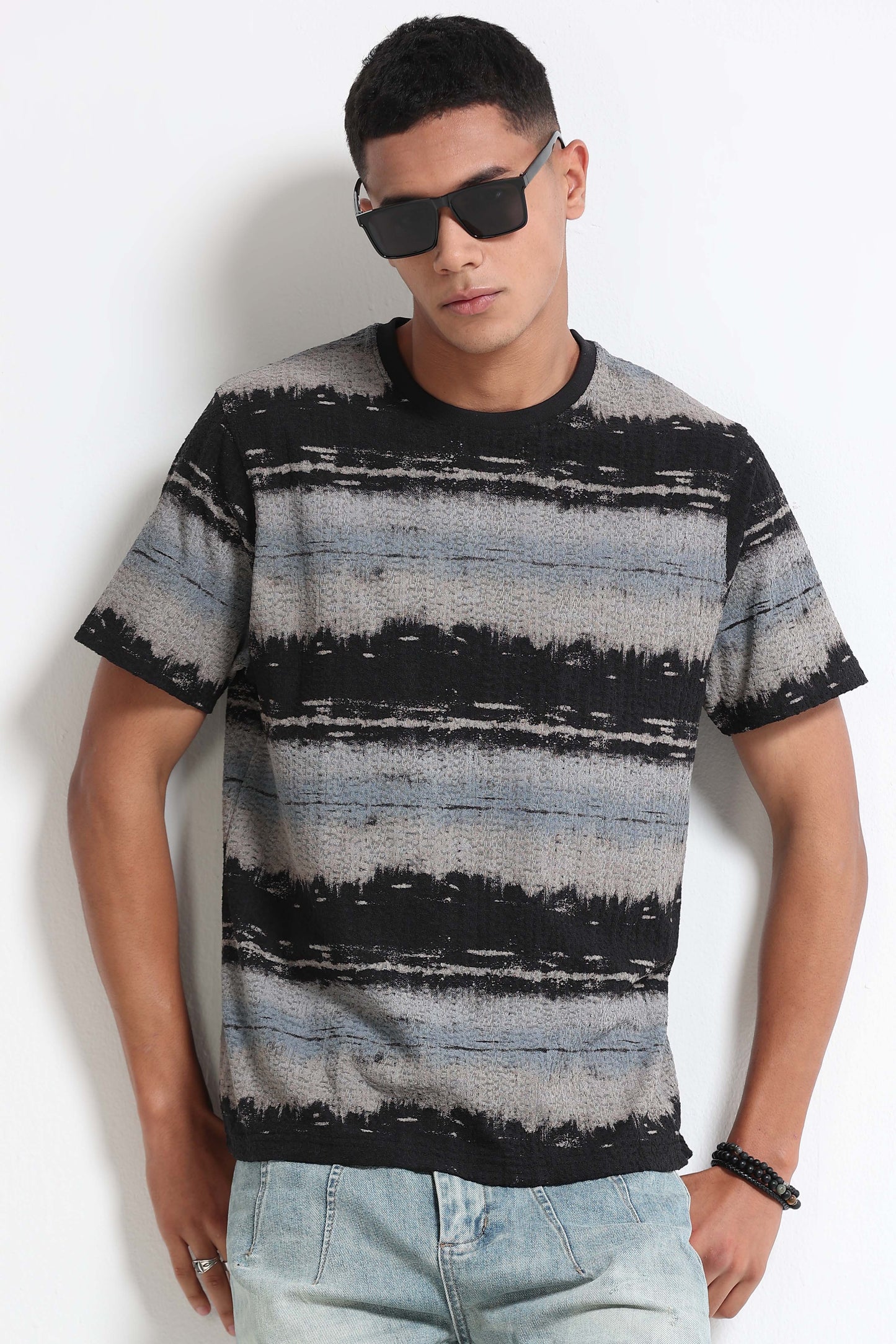 Brush Stroke Print Crew Neck Grey T-Shirt