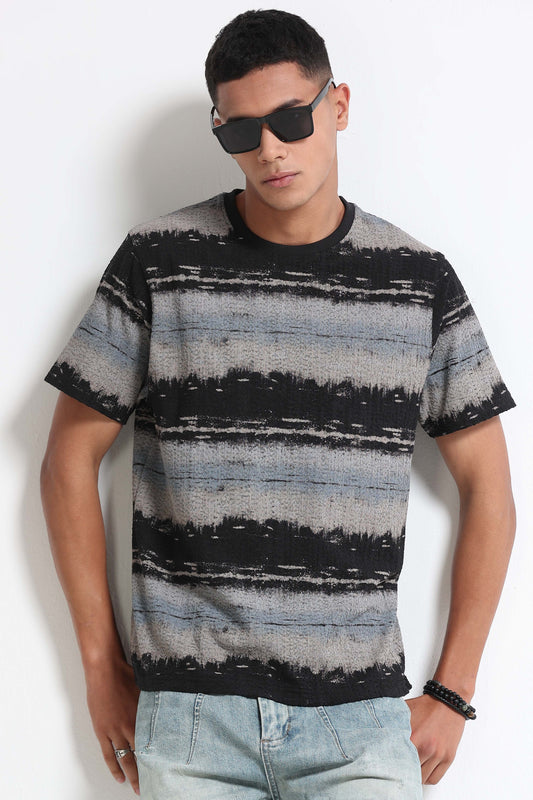 Brush Stroke Print Crew Neck Grey T-Shirt
