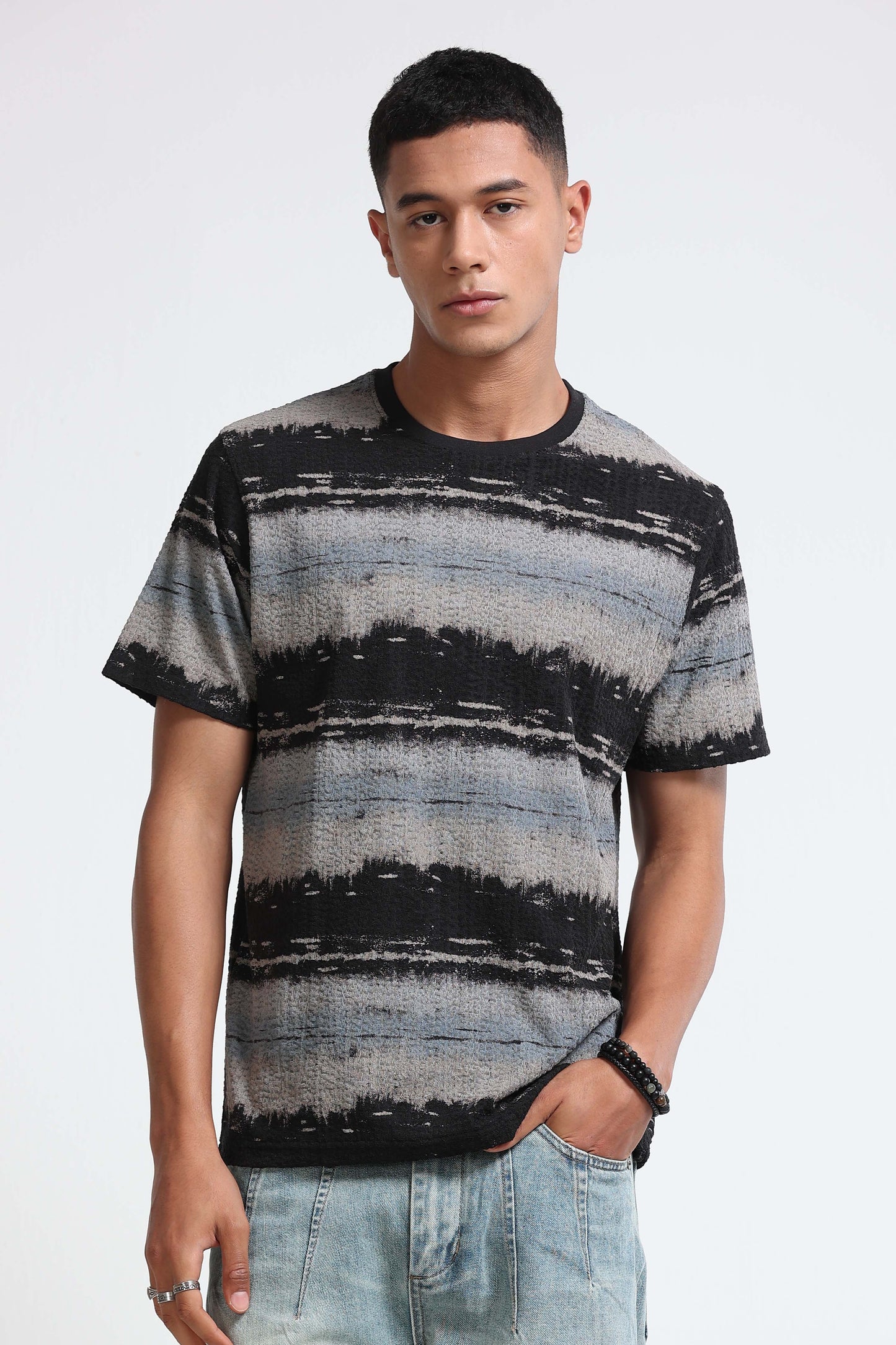 Brush Stroke Print Crew Neck Grey T-Shirt