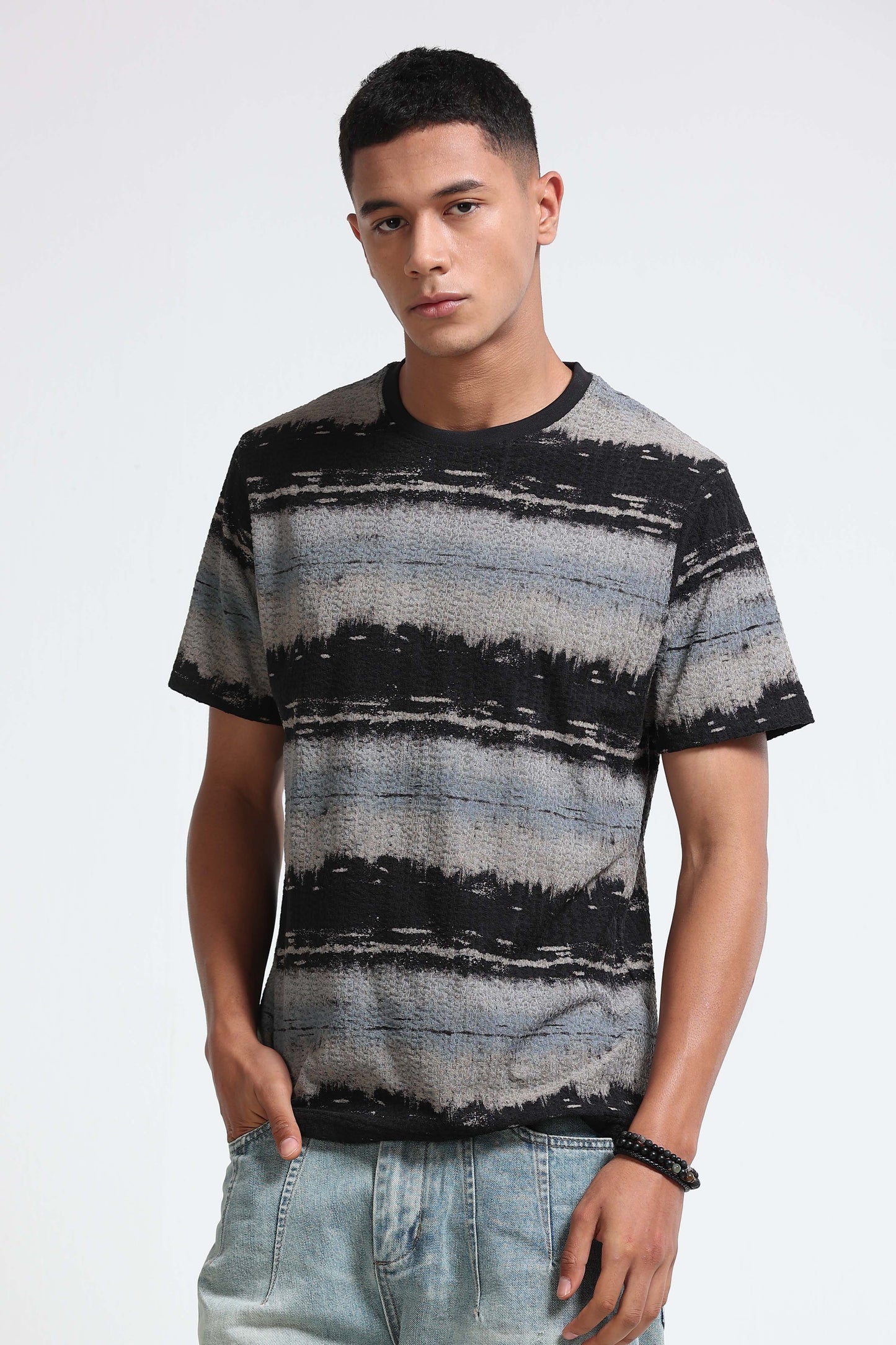 Brush Stroke Print Crew Neck Grey T-Shirt