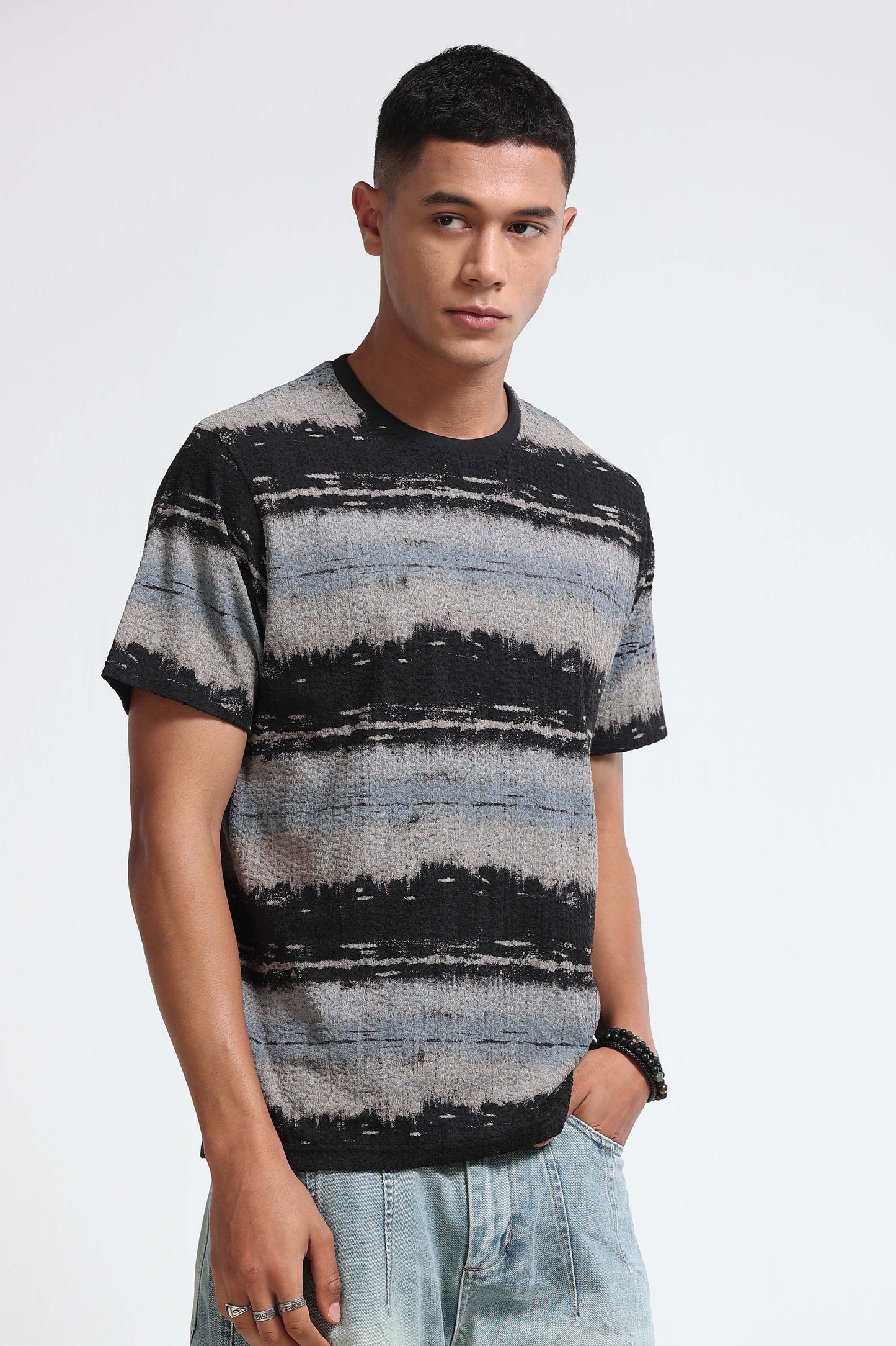 Brush Stroke Print Crew Neck Grey T-Shirt