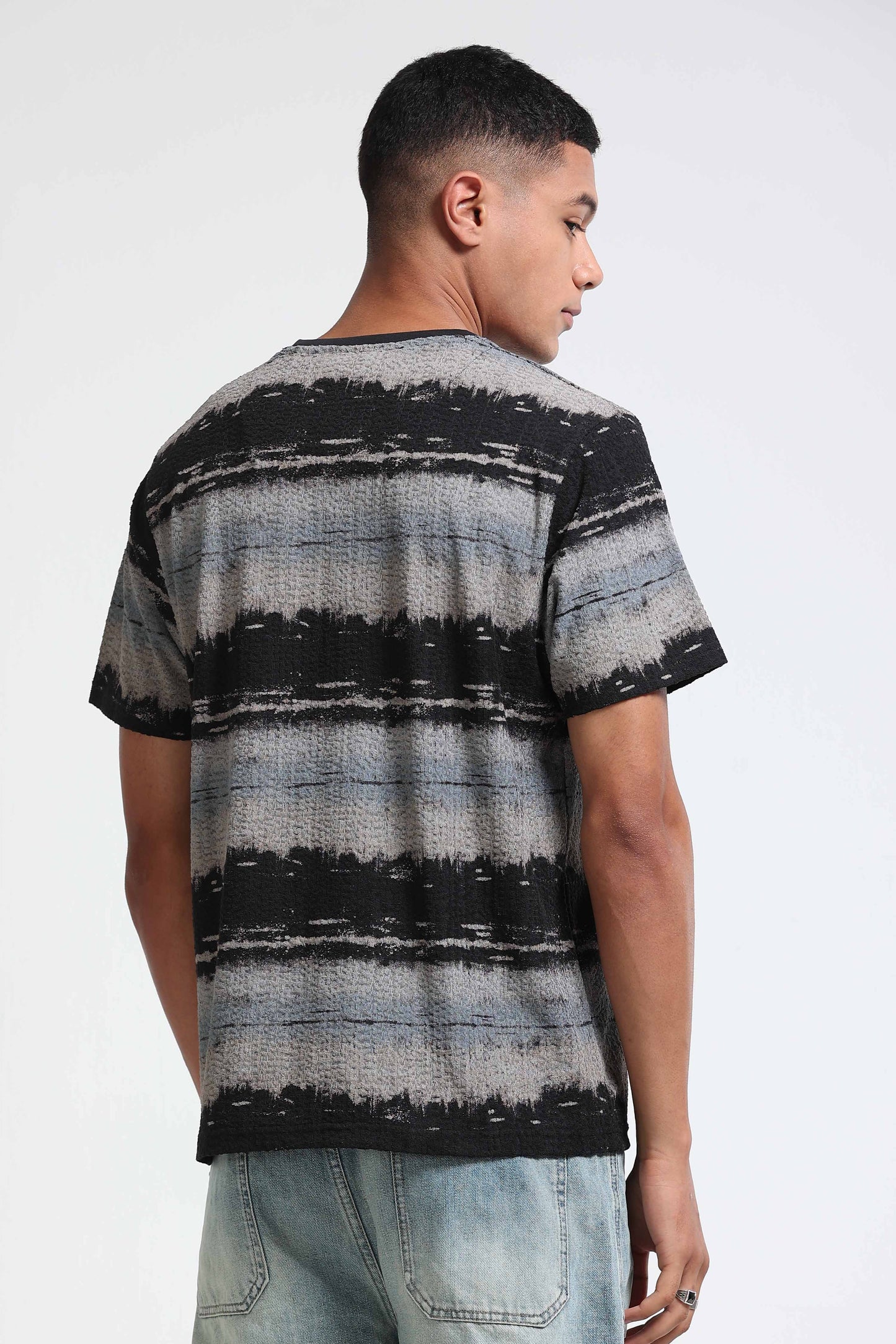 Brush Stroke Print Crew Neck Grey T-Shirt