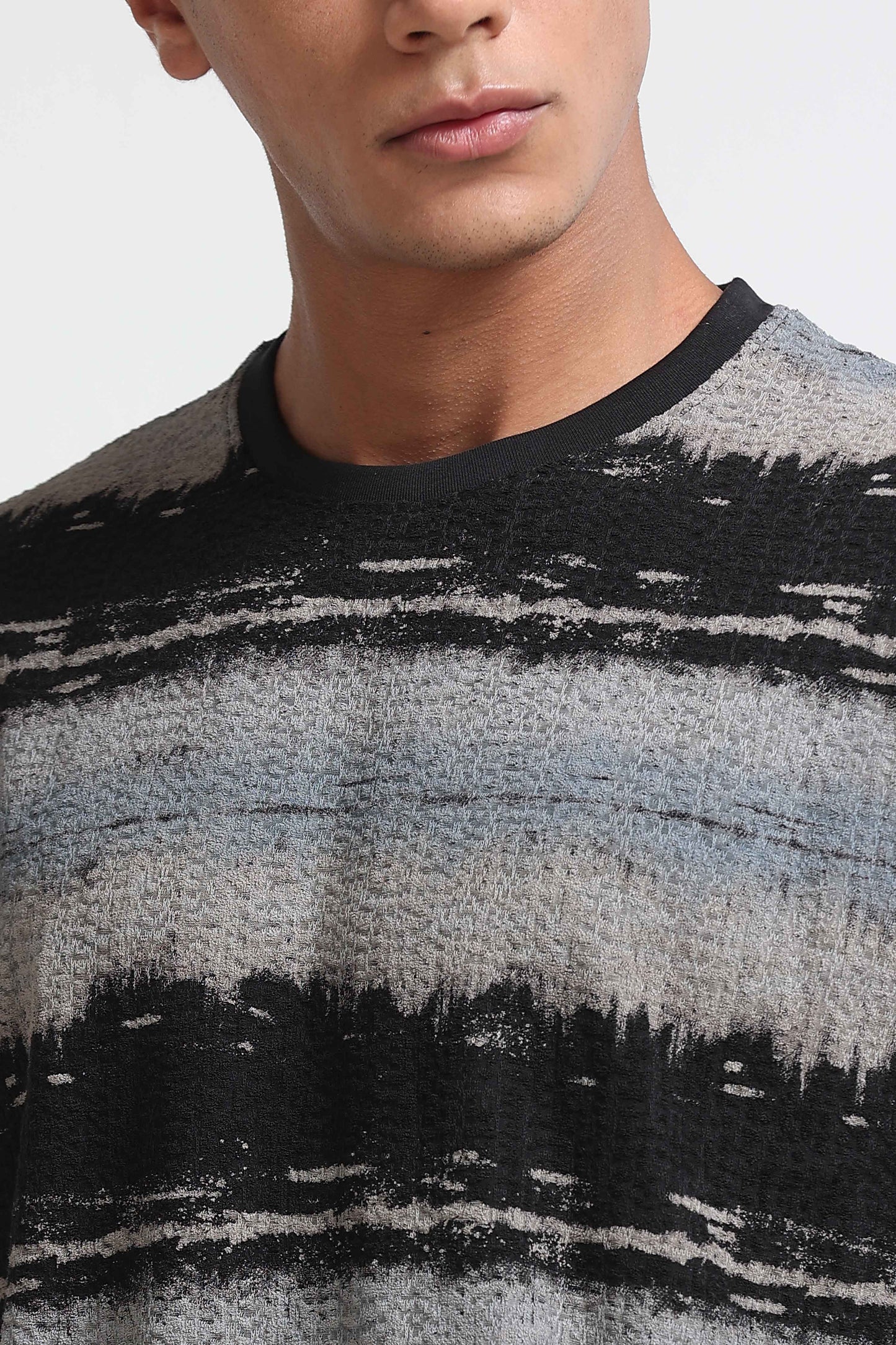 Brush Stroke Print Crew Neck Grey T-Shirt
