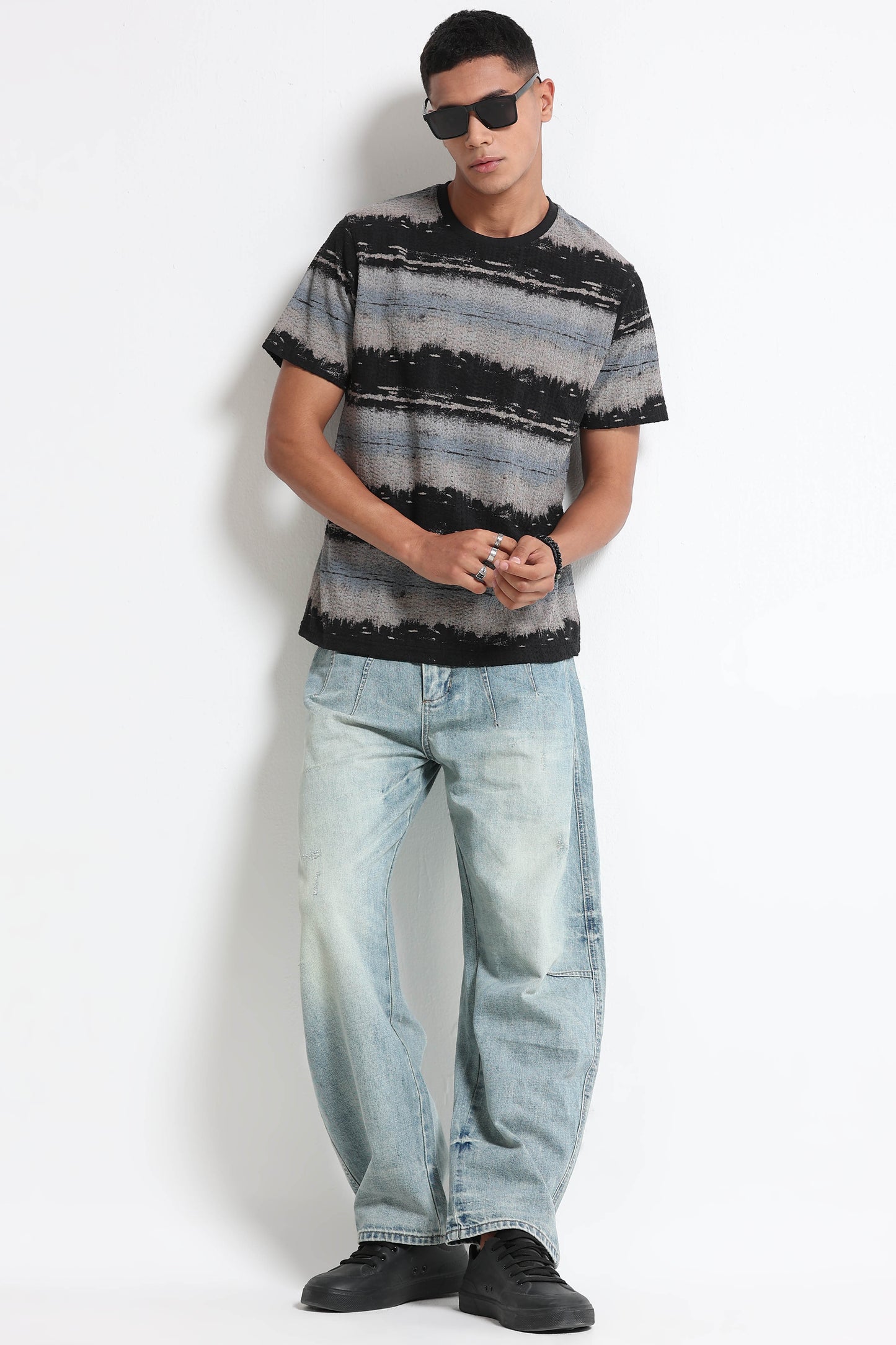 Brush Stroke Print Crew Neck Grey T-Shirt