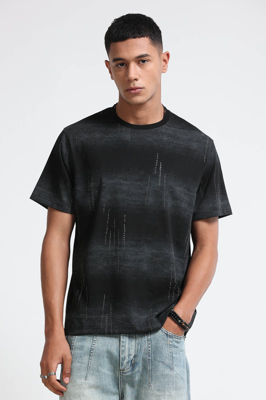 Minimal Textured Crew Neck Black T-Shirt