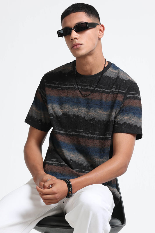 Brush Stroke Print Crew Neck Blue T-Shirt
