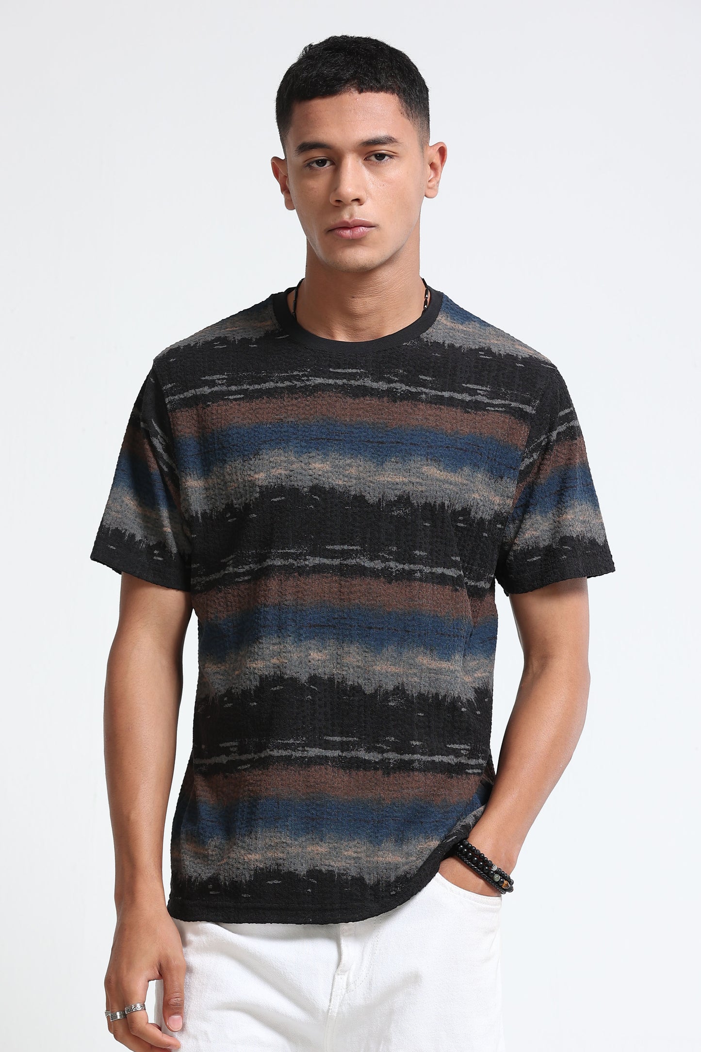 Brush Stroke Print Crew Neck Blue T-Shirt