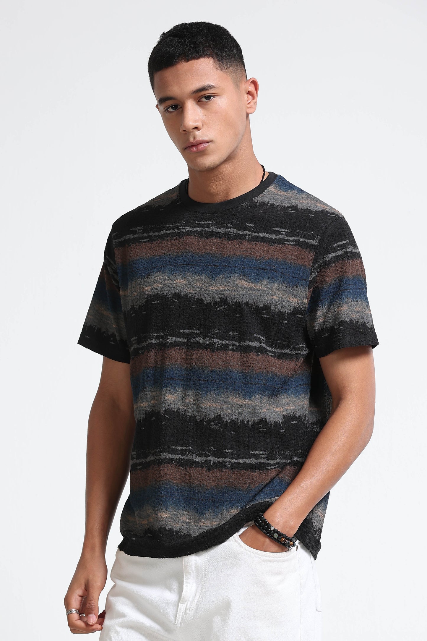 Brush Stroke Print Crew Neck Blue T-Shirt