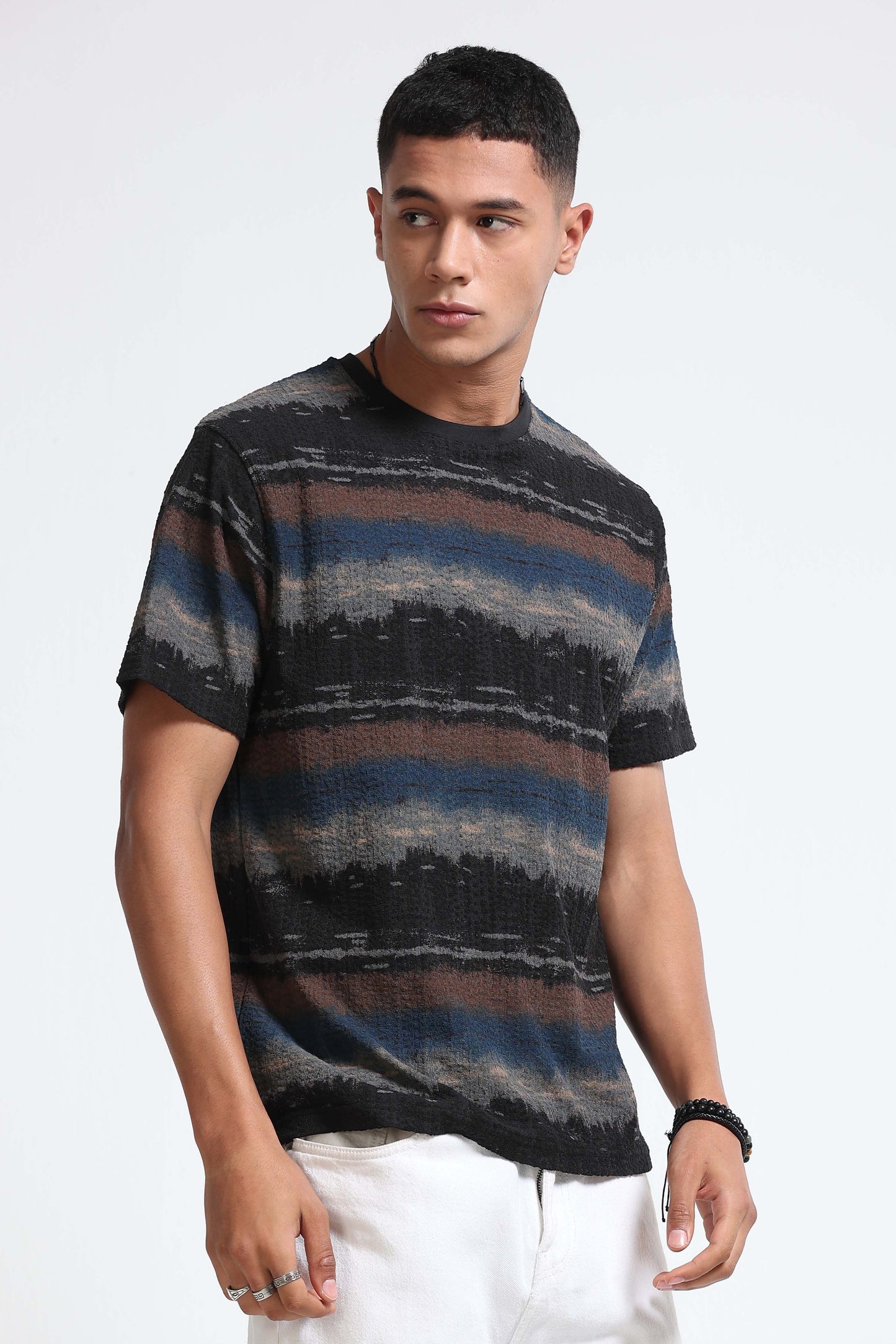 Brush Stroke Print Crew Neck Blue T-Shirt