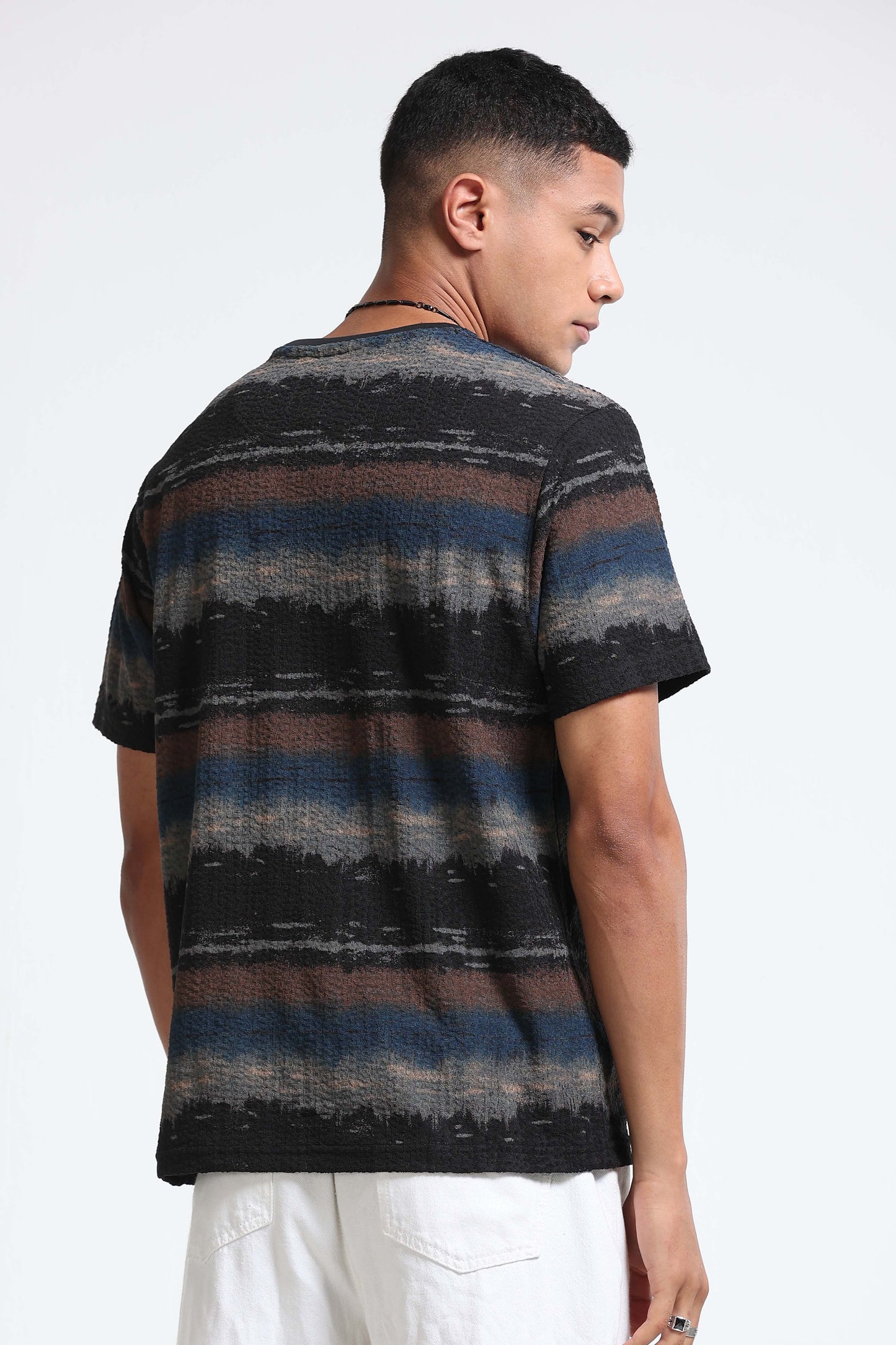 Brush Stroke Print Crew Neck Blue T-Shirt