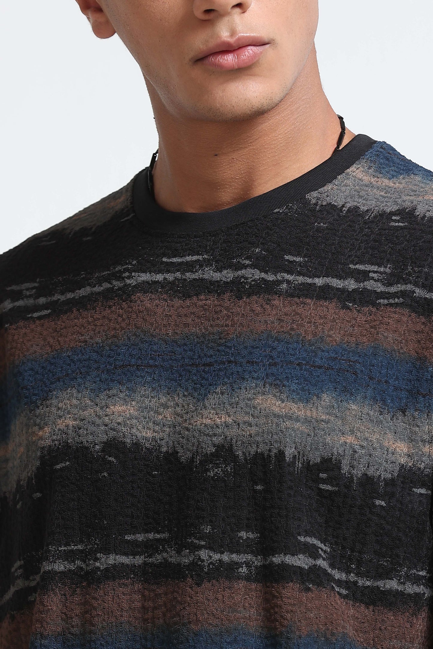 Brush Stroke Print Crew Neck Blue T-Shirt