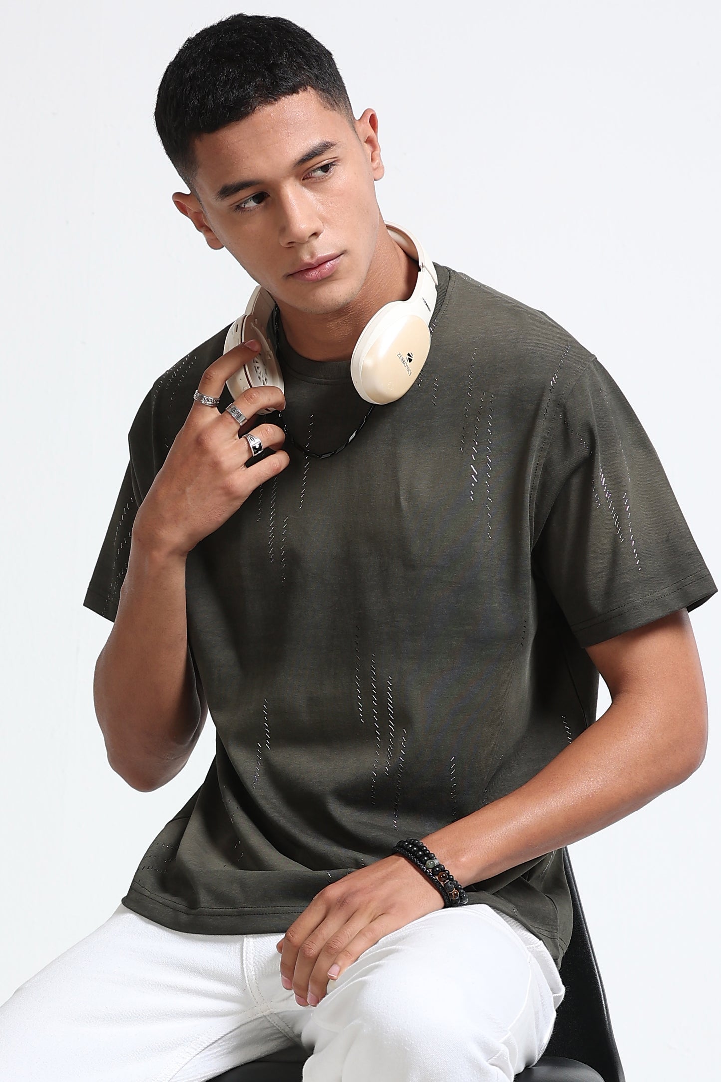 Minimal Textured Crew Neck Olive T-Shirt