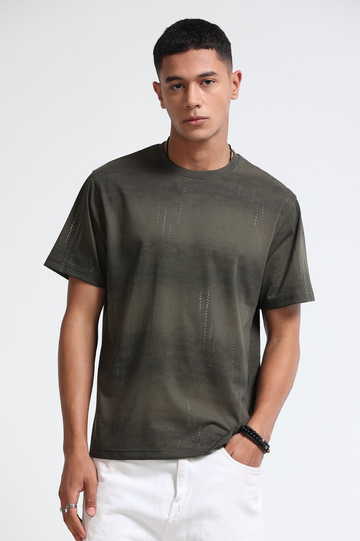 Minimal Textured Crew Neck Olive T-Shirt