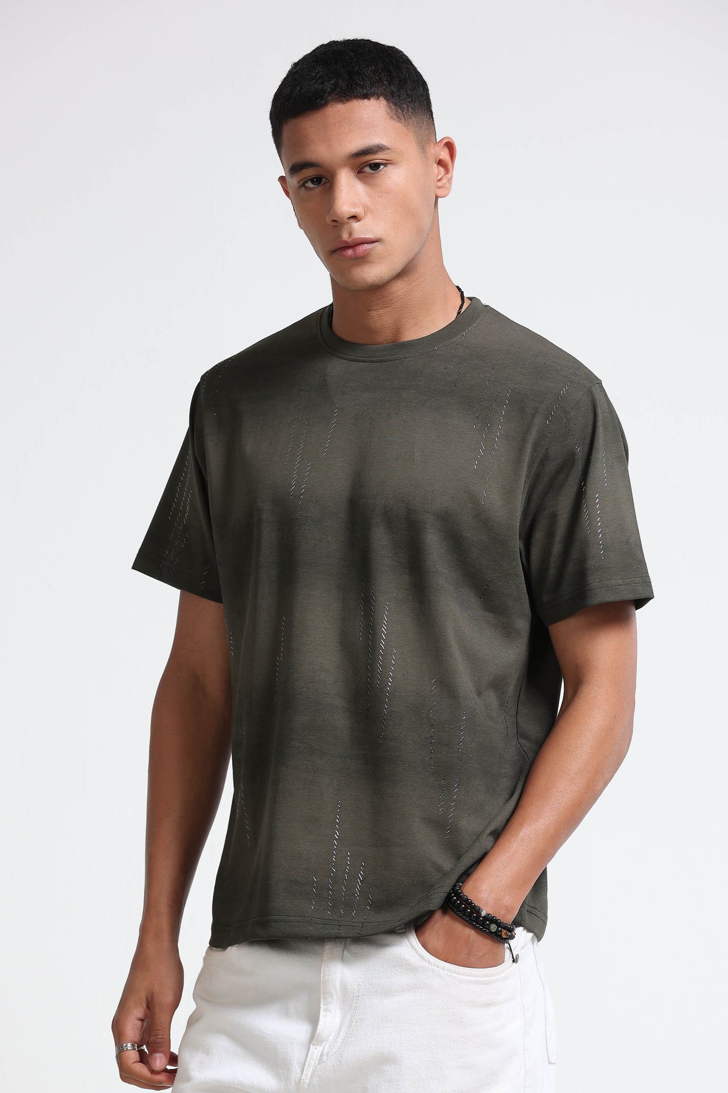 Minimal Textured Crew Neck Olive T-Shirt