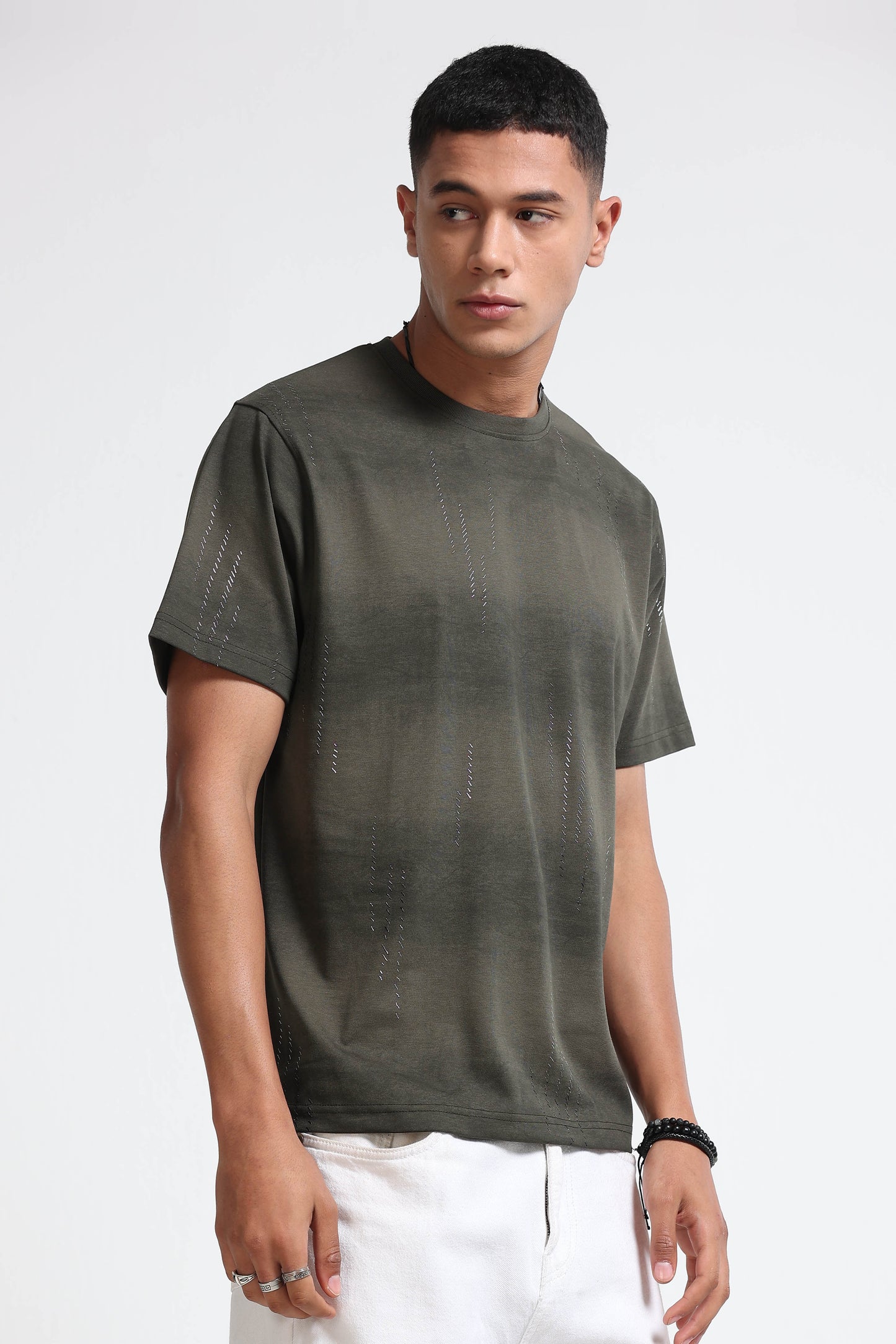 Minimal Textured Crew Neck Olive T-Shirt