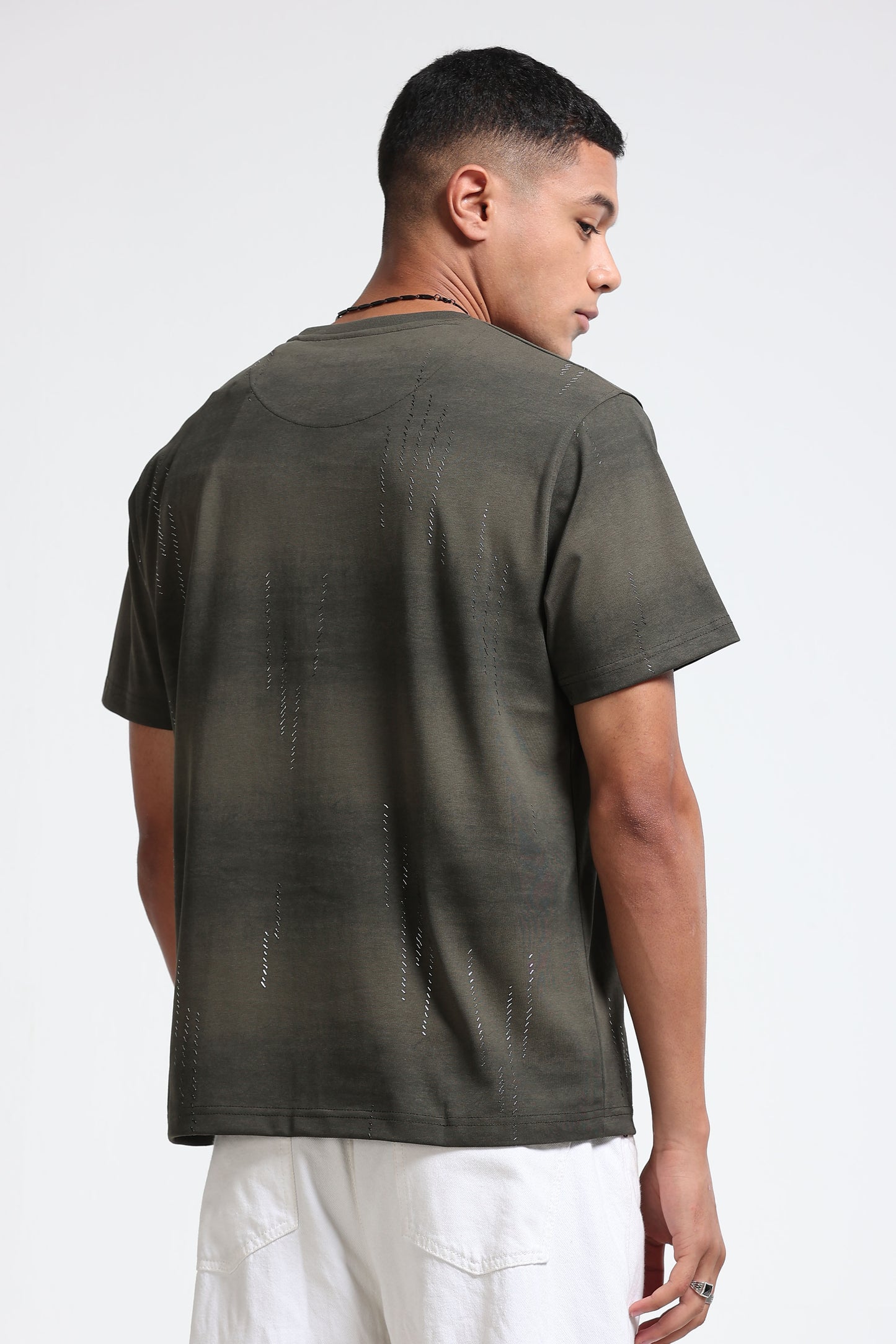 Minimal Textured Crew Neck Olive T-Shirt