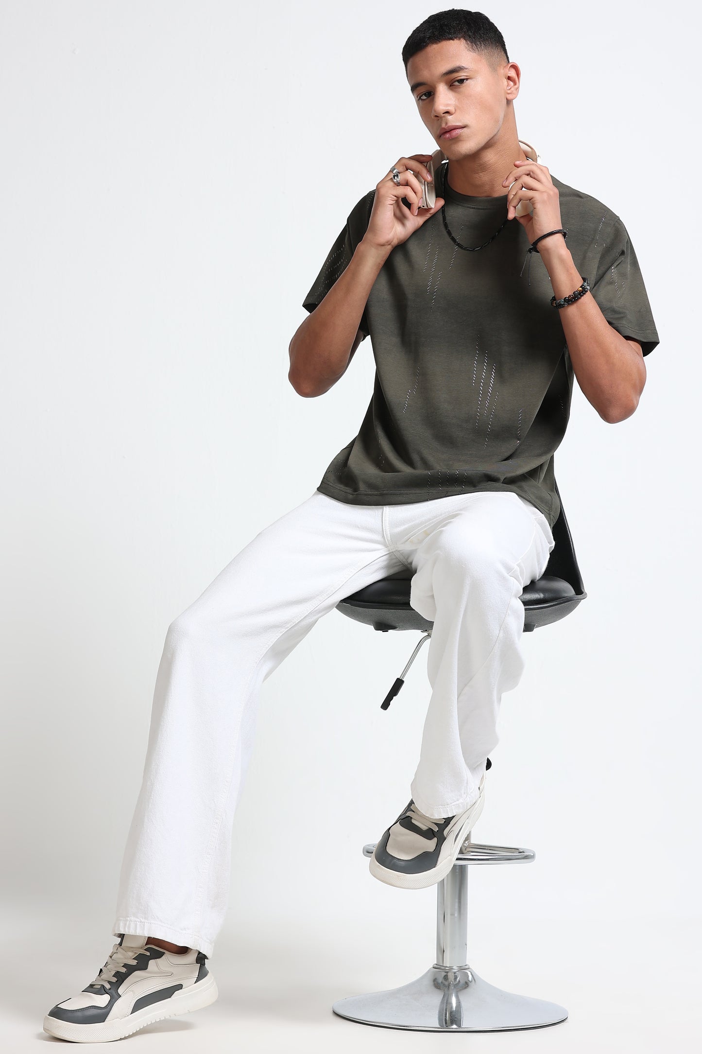 Minimal Textured Crew Neck Olive T-Shirt