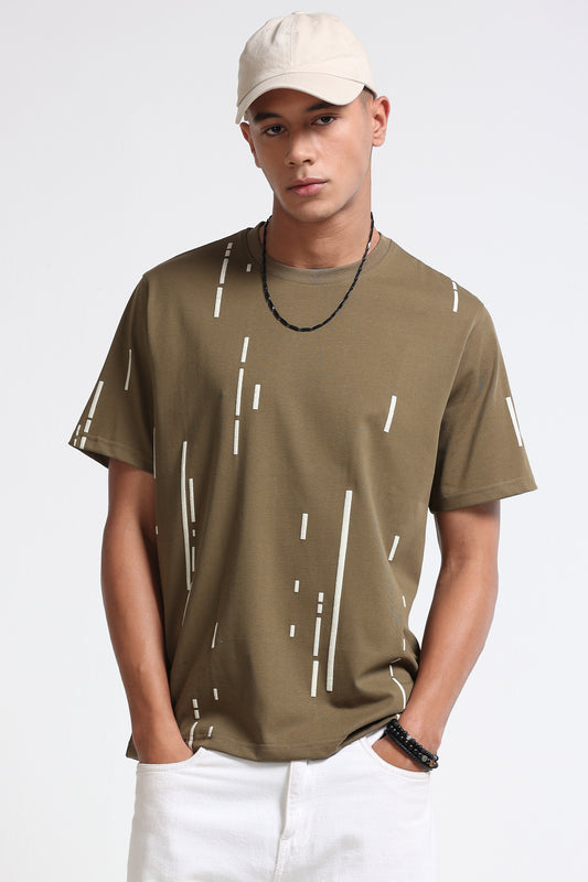 Premium Abstract Line Print Olive Green T-Shirt