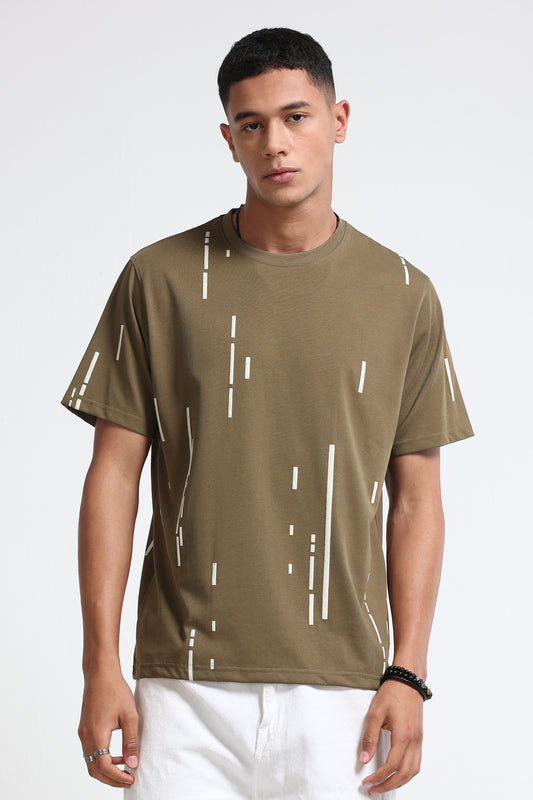 Premium Abstract Line Print Olive Green T-Shirt