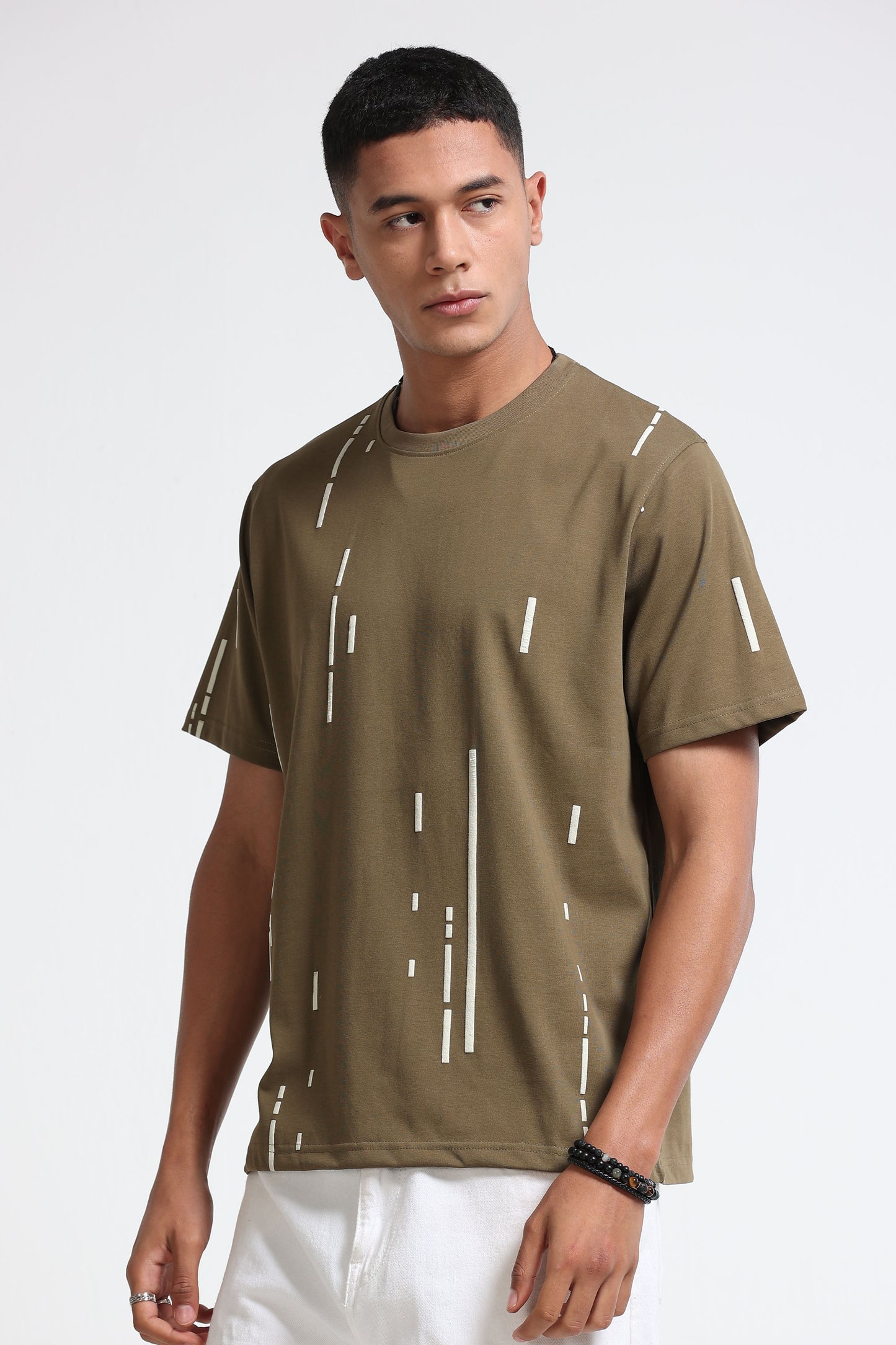 Premium Abstract Line Print Olive Green T-Shirt