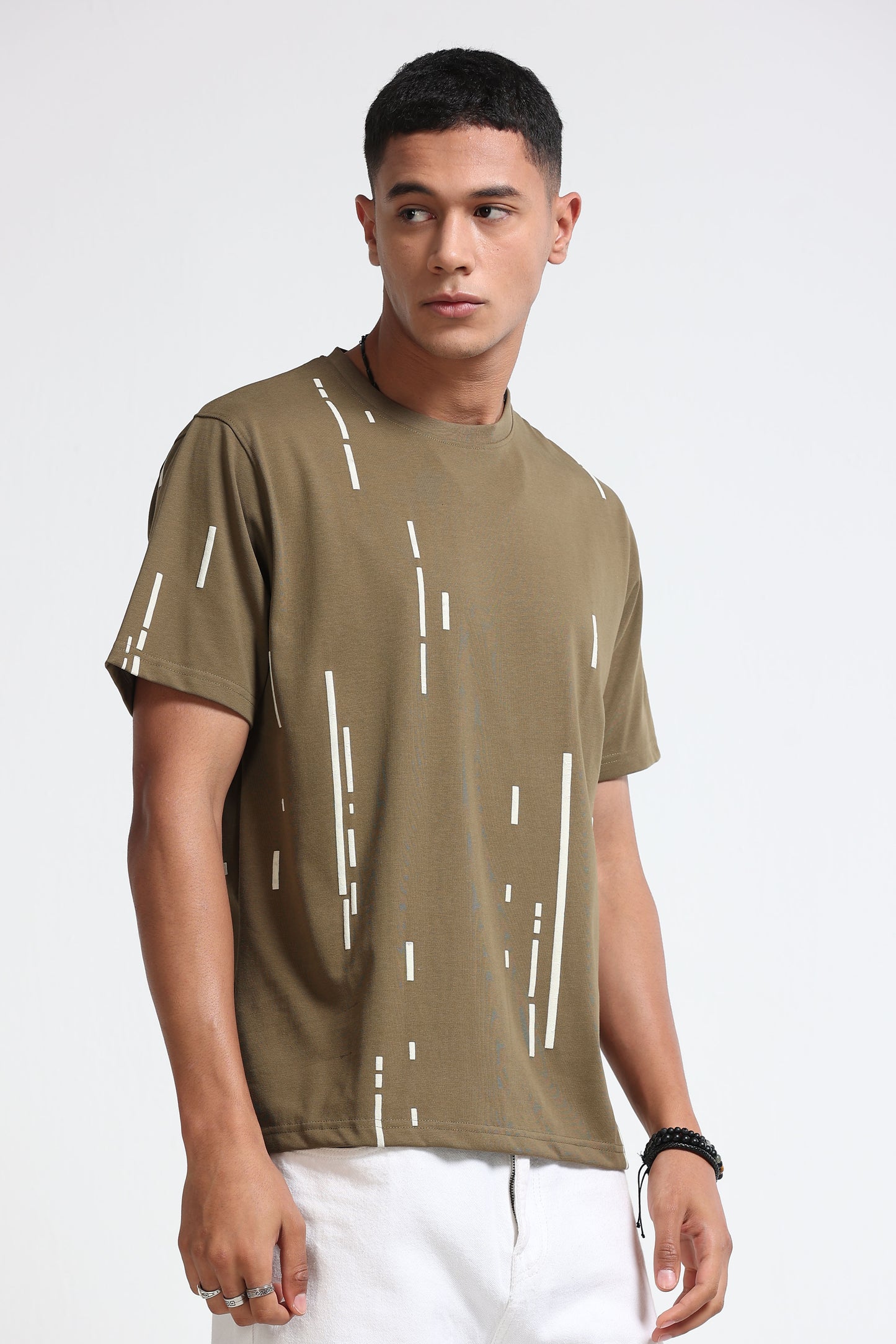 Premium Abstract Line Print Olive Green T-Shirt