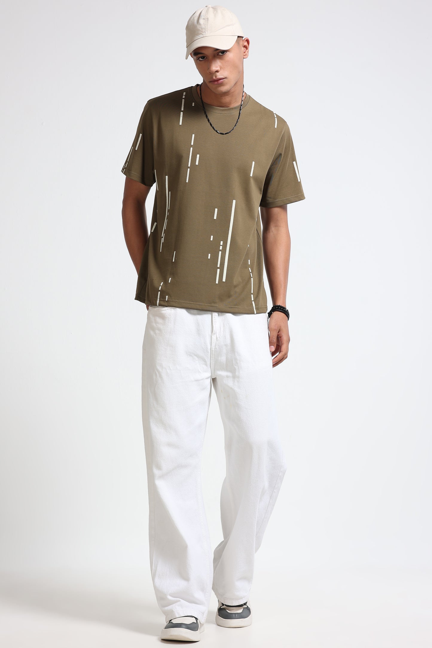 Premium Abstract Line Print Olive Green T-Shirt