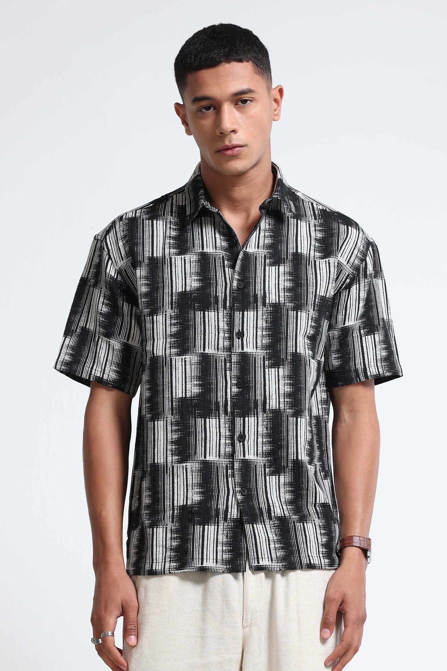 White Black Jacquard Boxy Fit Shirt