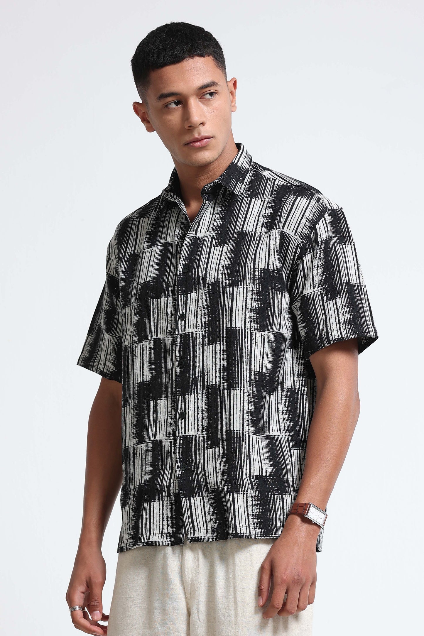 White Black Jacquard Boxy Fit Shirt
