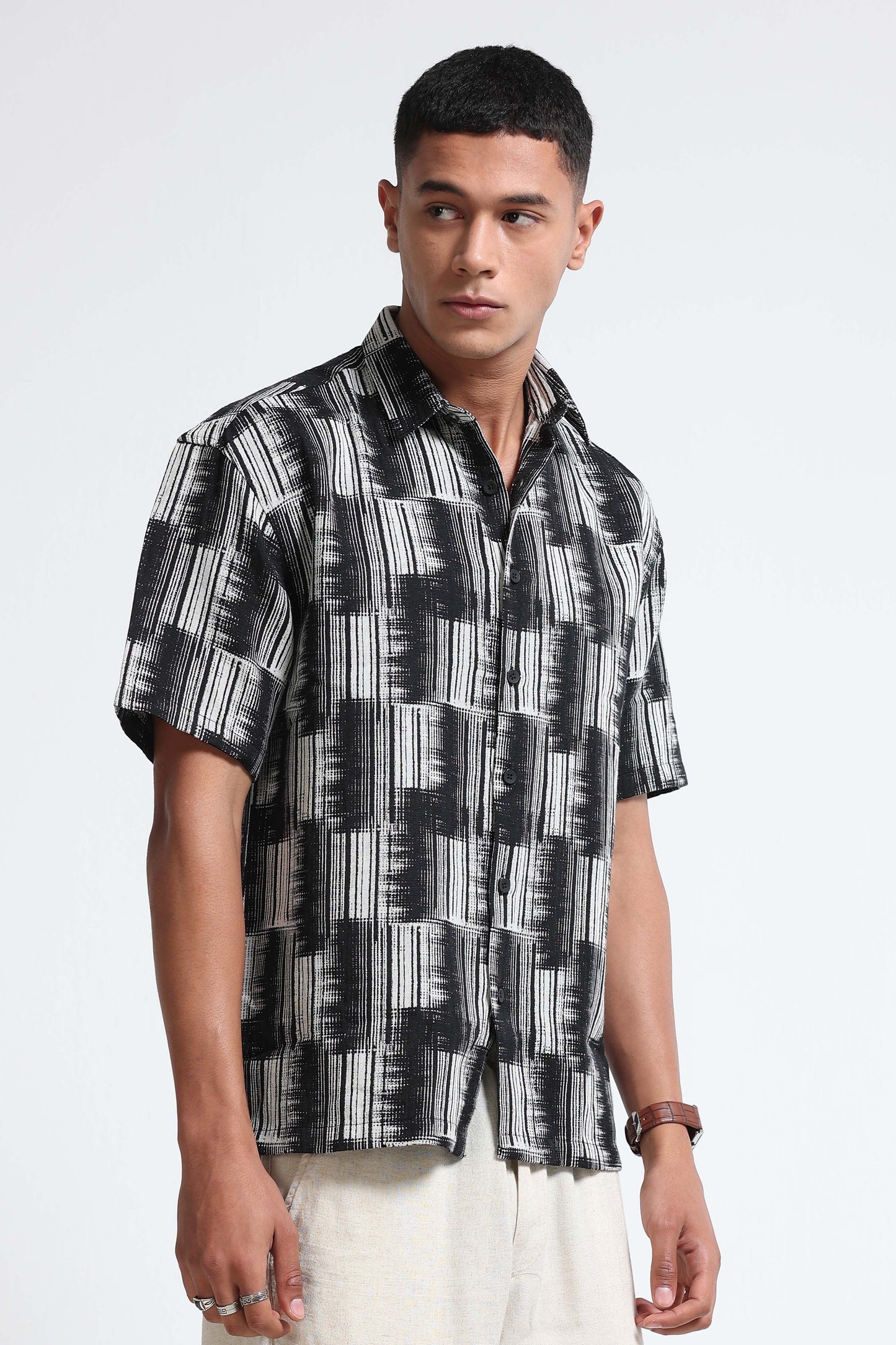 White Black Jacquard Boxy Fit Shirt
