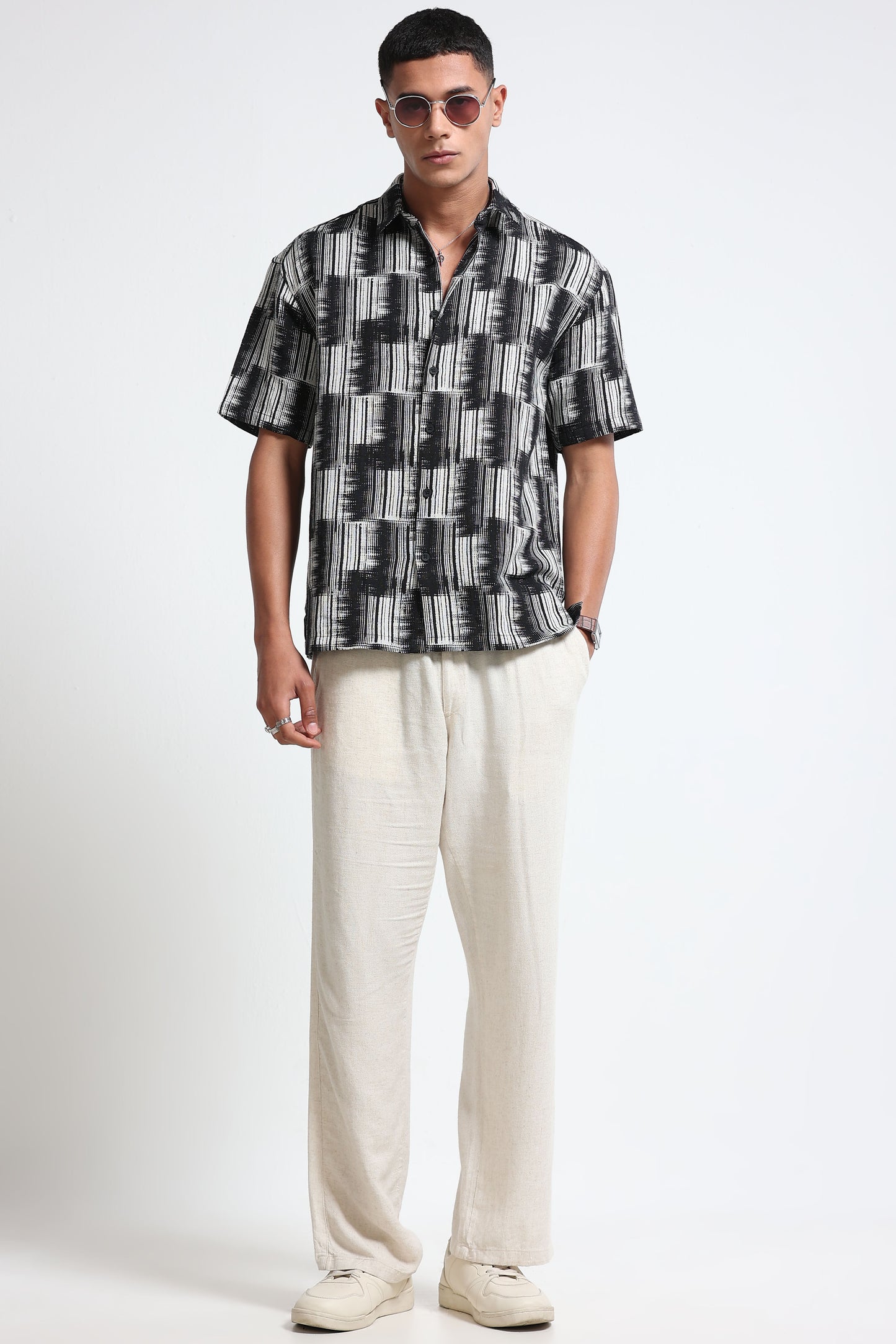 White Black Jacquard Boxy Fit Shirt