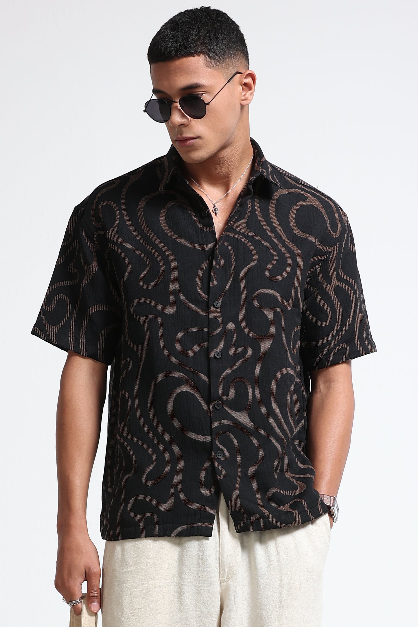 Beige Black Jacquard Boxy Fit Shirt