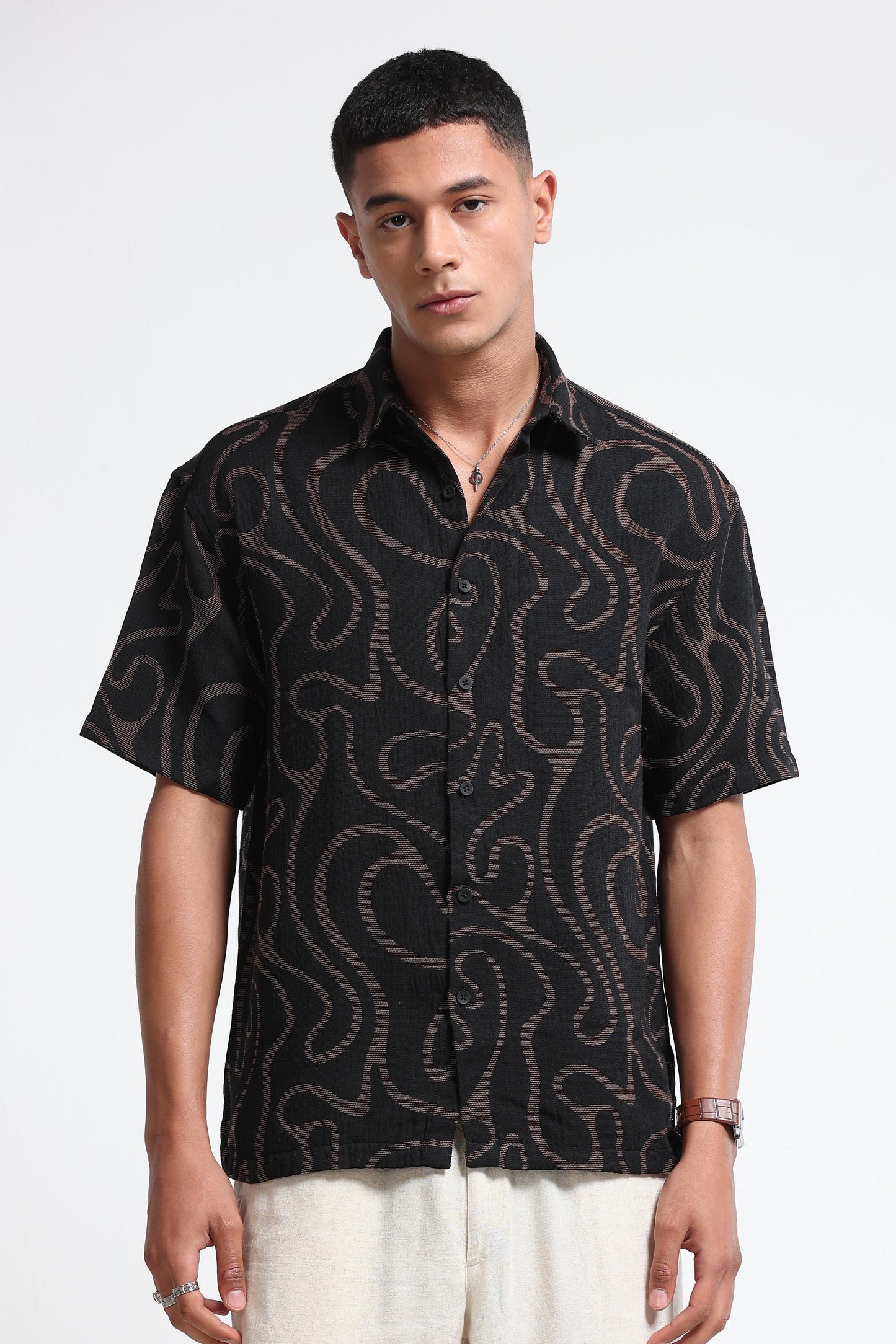 Beige Black Jacquard Boxy Fit Shirt