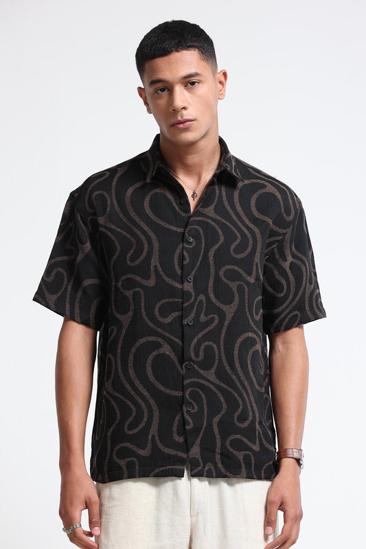 Beige Black Jacquard Boxy Fit Shirt